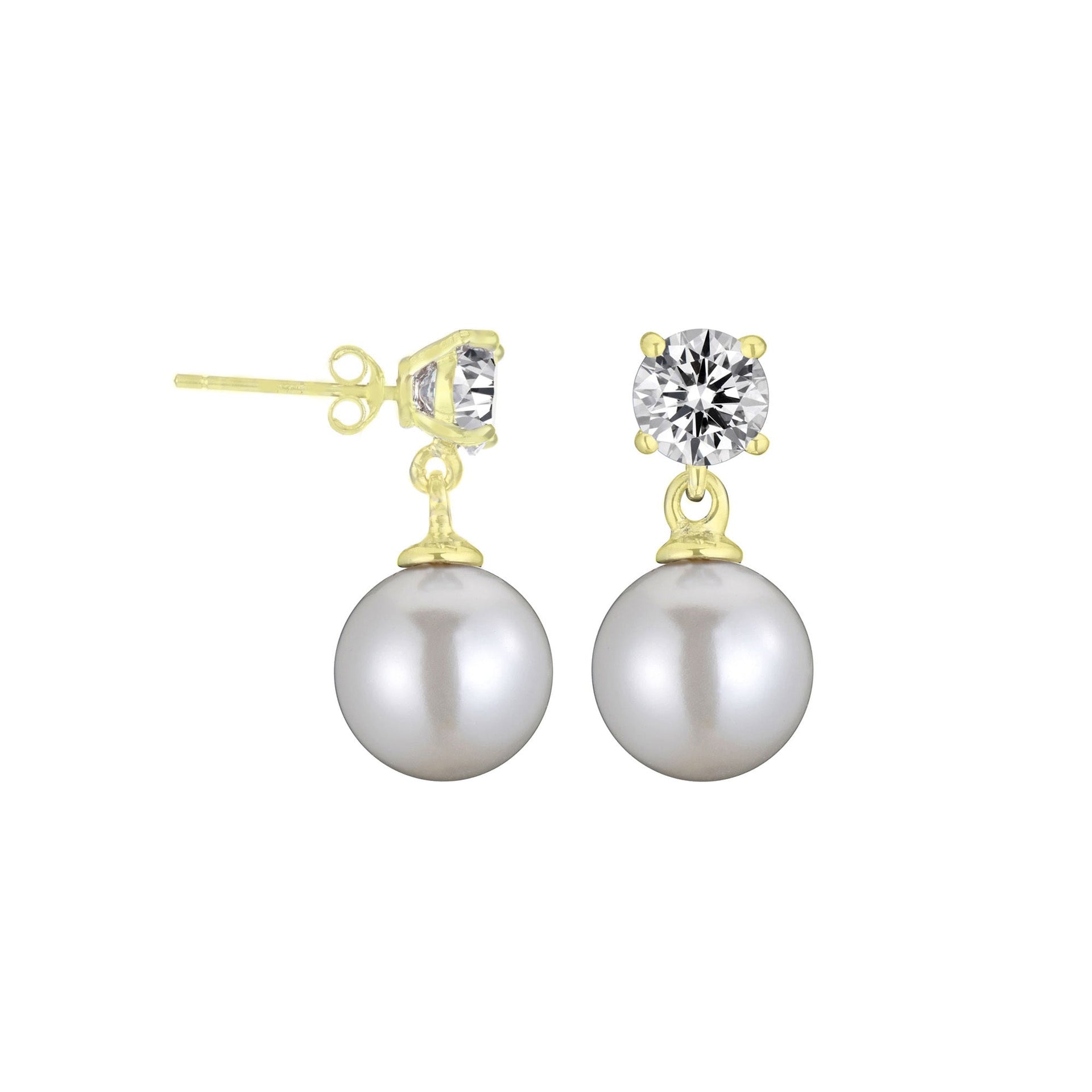 Sterling Silver Gold Plated Pearl and Cubic Zirconia Drop Earrings