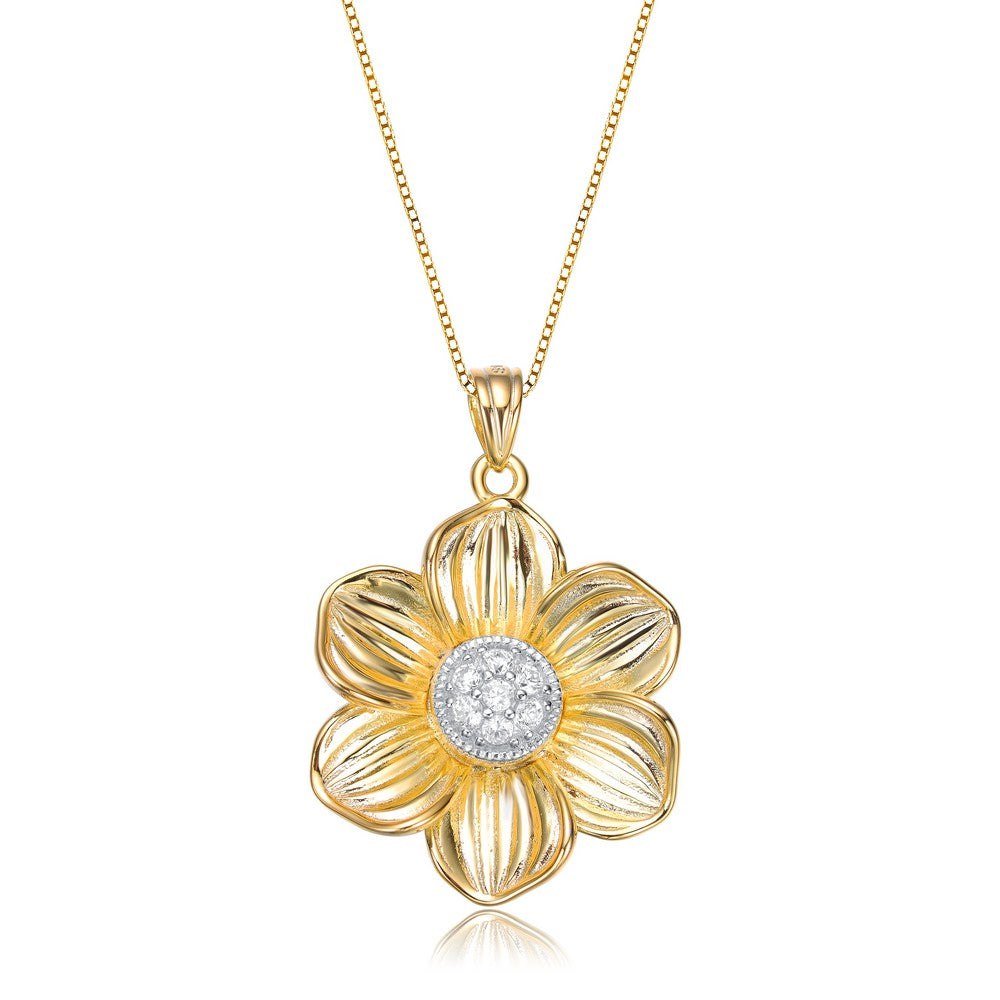 Sterling Silver Yellow Gold Plated Flower Shaped White Cubic Zirconia Pendant Necklace