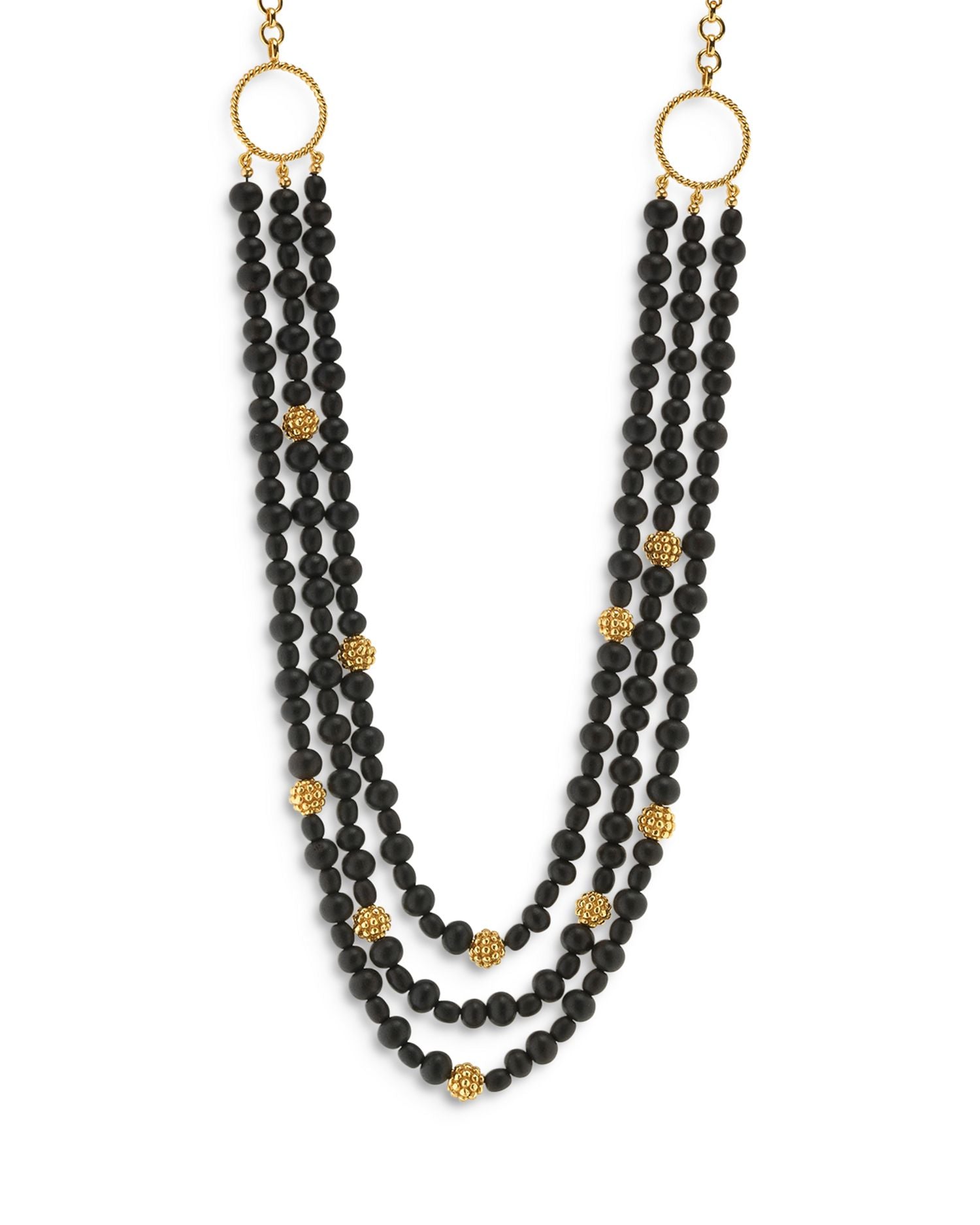 Ebony Beaded Multi Row Statement Necklace in 18K Gold Plated, 18"