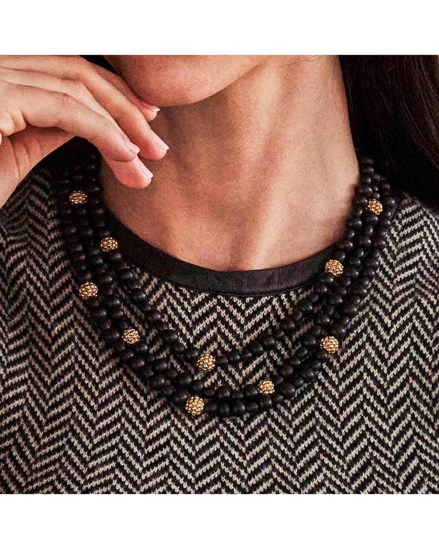 Ebony Beaded Multi Row Statement Necklace in 18K Gold Plated, 18"