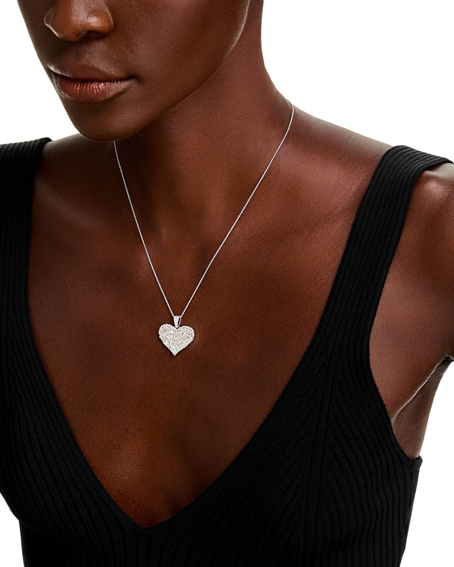 Diamond Round & Baguette Heart Pendant Necklace in 14K White Gold, 1.00 ct. t.w.