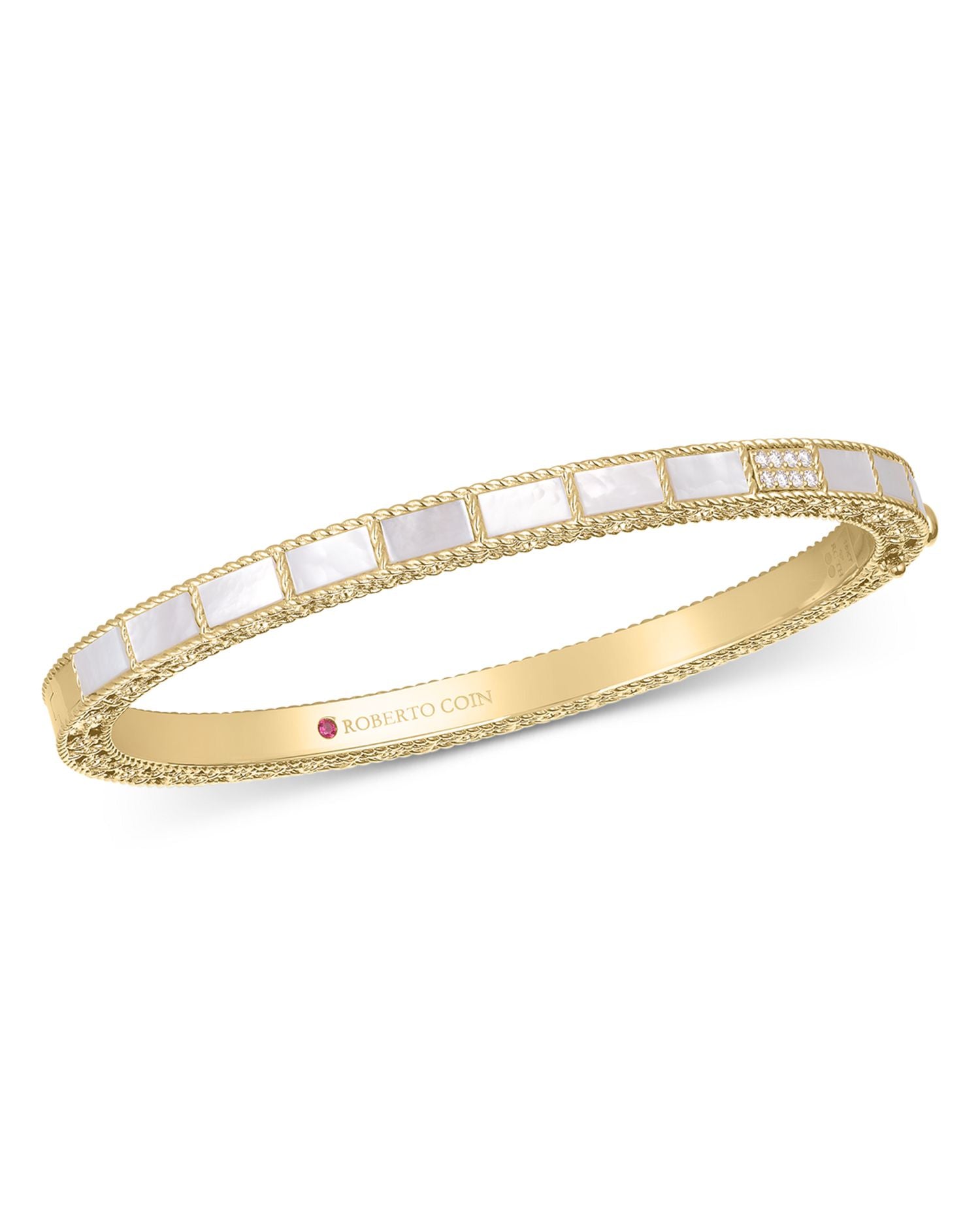 18K Yellow Gold Diamond & Mother of Pearl Mosaic Bangle Bracelet