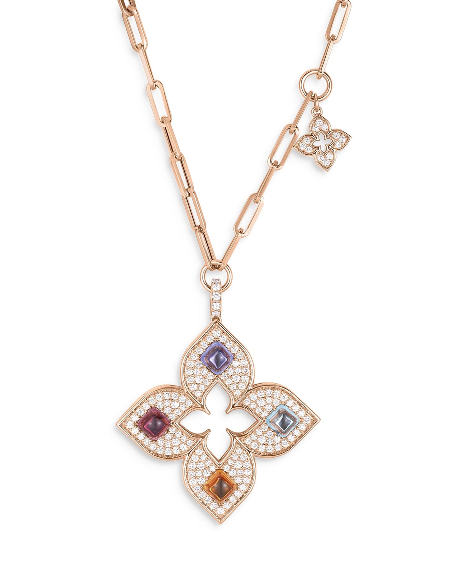 18K Rose Gold Venetian Princess Carneval Multi Gemstone & Diamond Flower Pendant Necklace, 17'