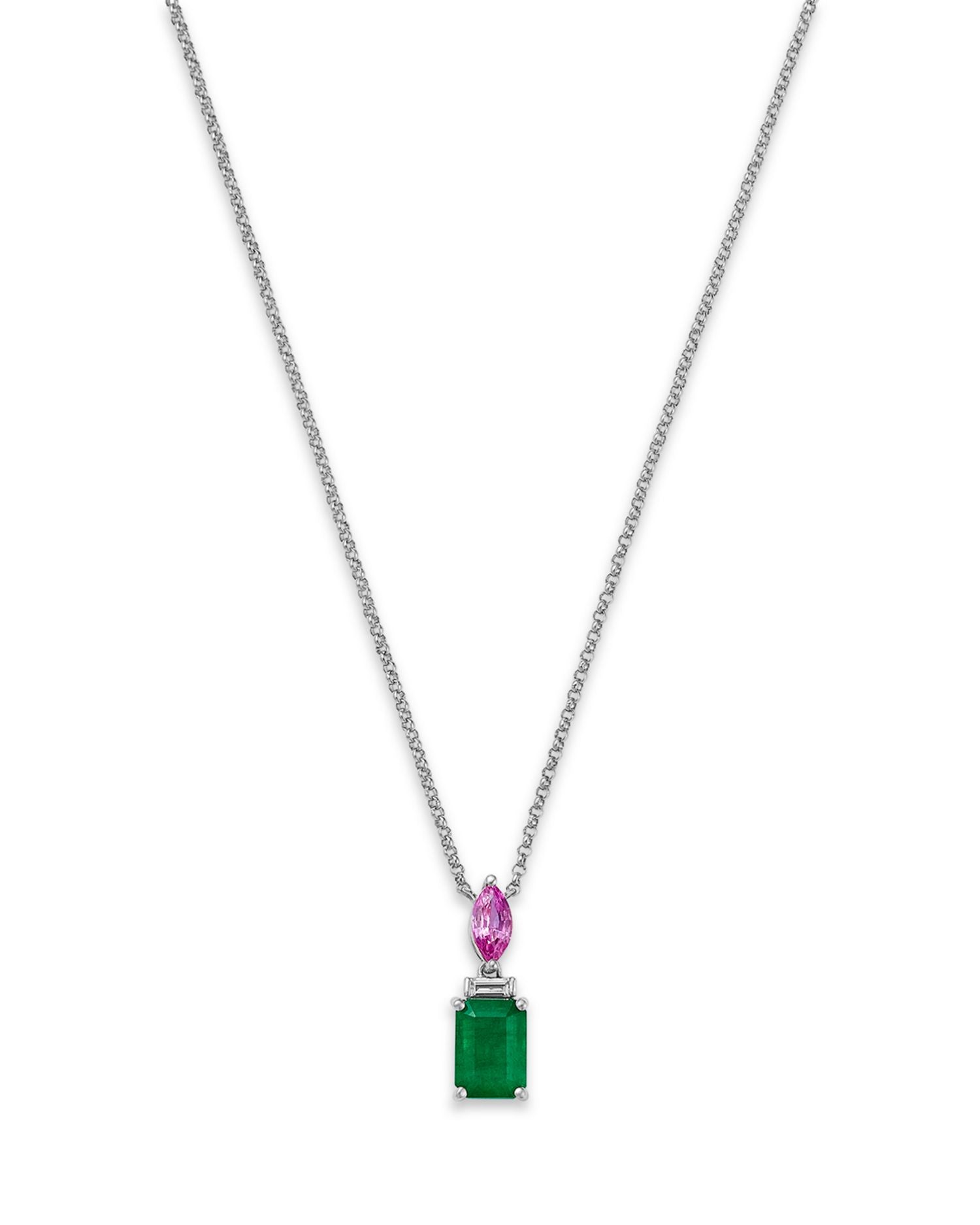 Emerald, Pink Sapphire & Diamond Pendant Necklace in White Gold, 18'