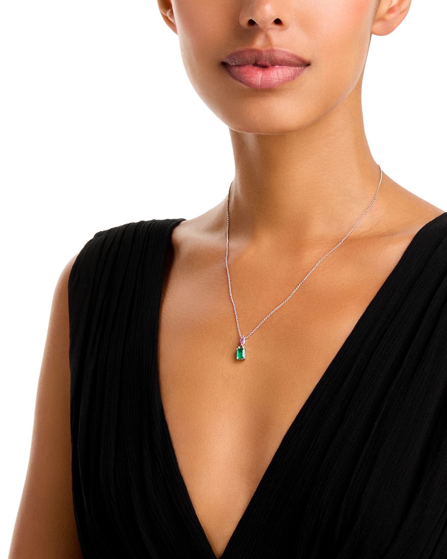 Emerald, Pink Sapphire & Diamond Pendant Necklace in White Gold, 18'