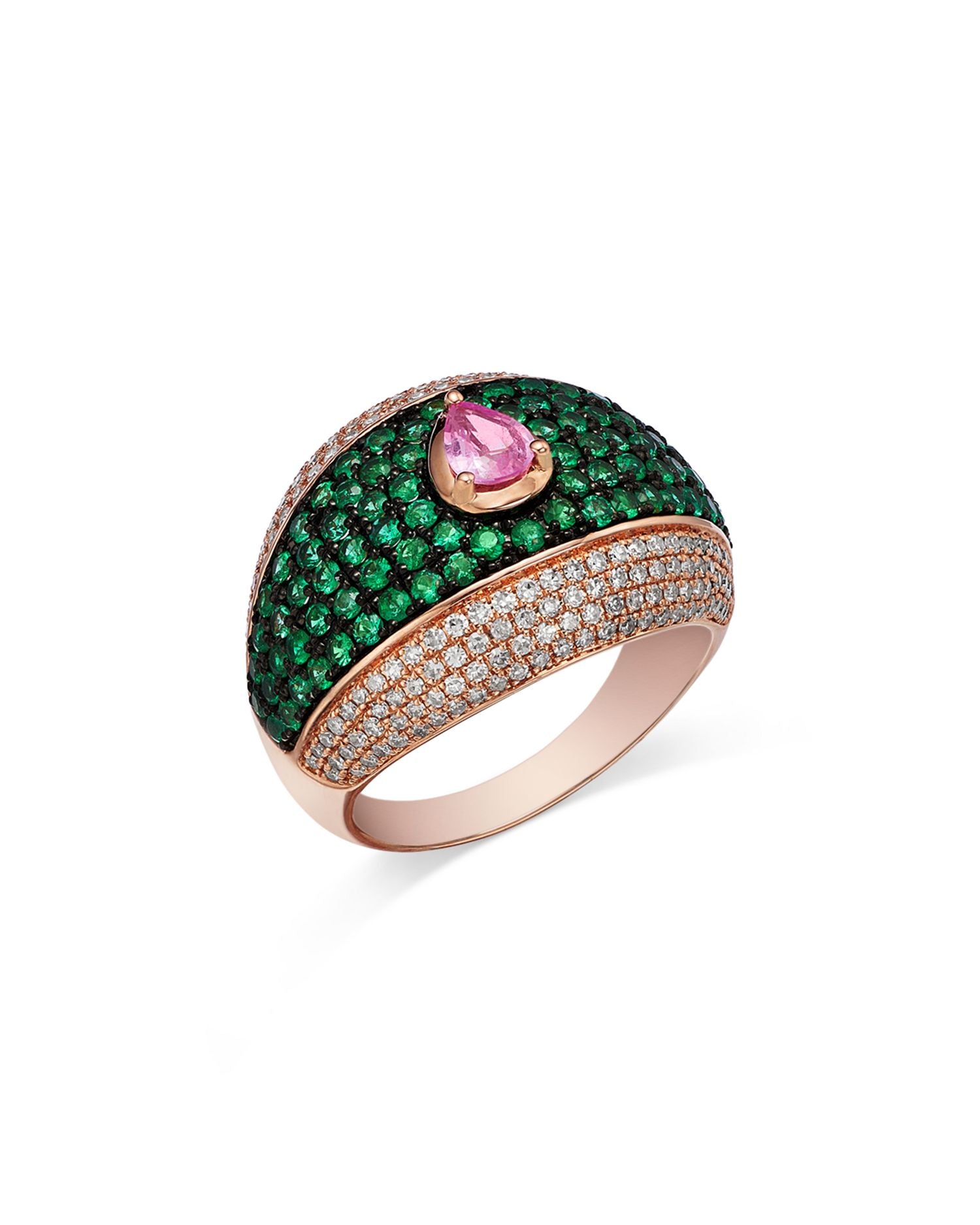 Emerald, Pink Sapphire & Diamond Pavé Statement Ring in Yellow Gold