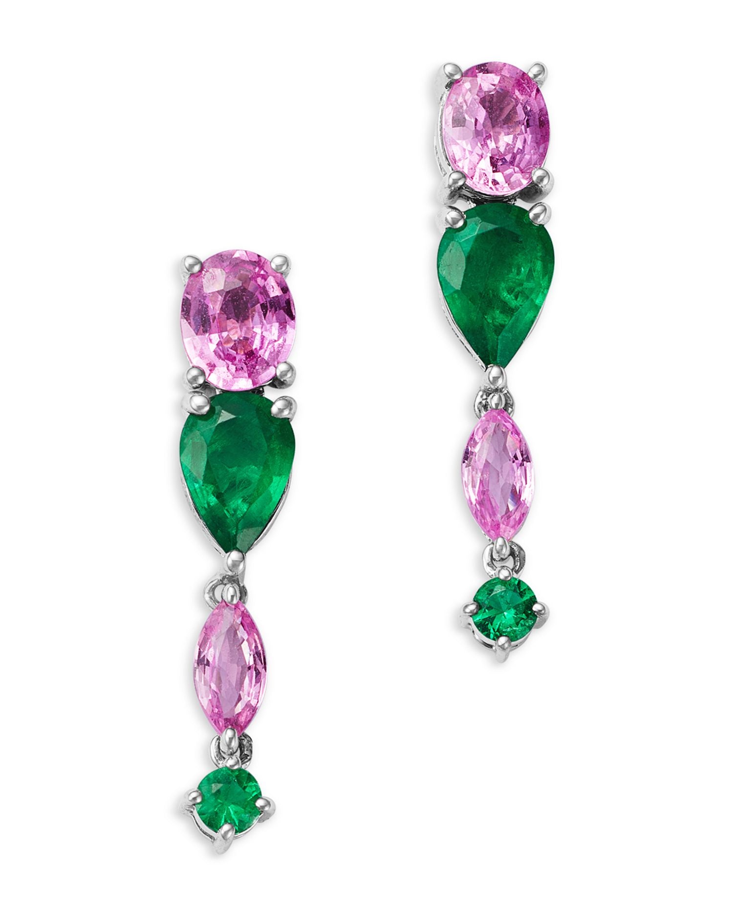 Emerald & Pink Sapphire Drop Earrings in White Gold