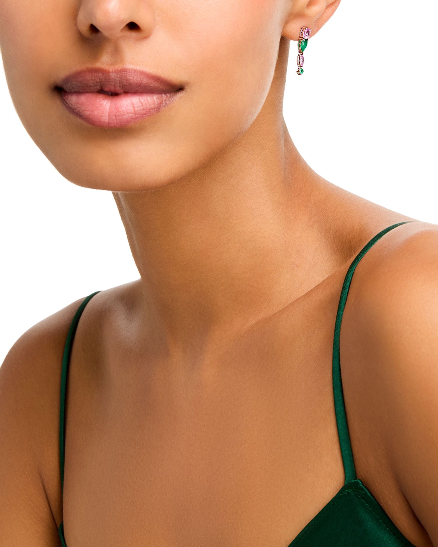 Emerald & Pink Sapphire Drop Earrings in White Gold