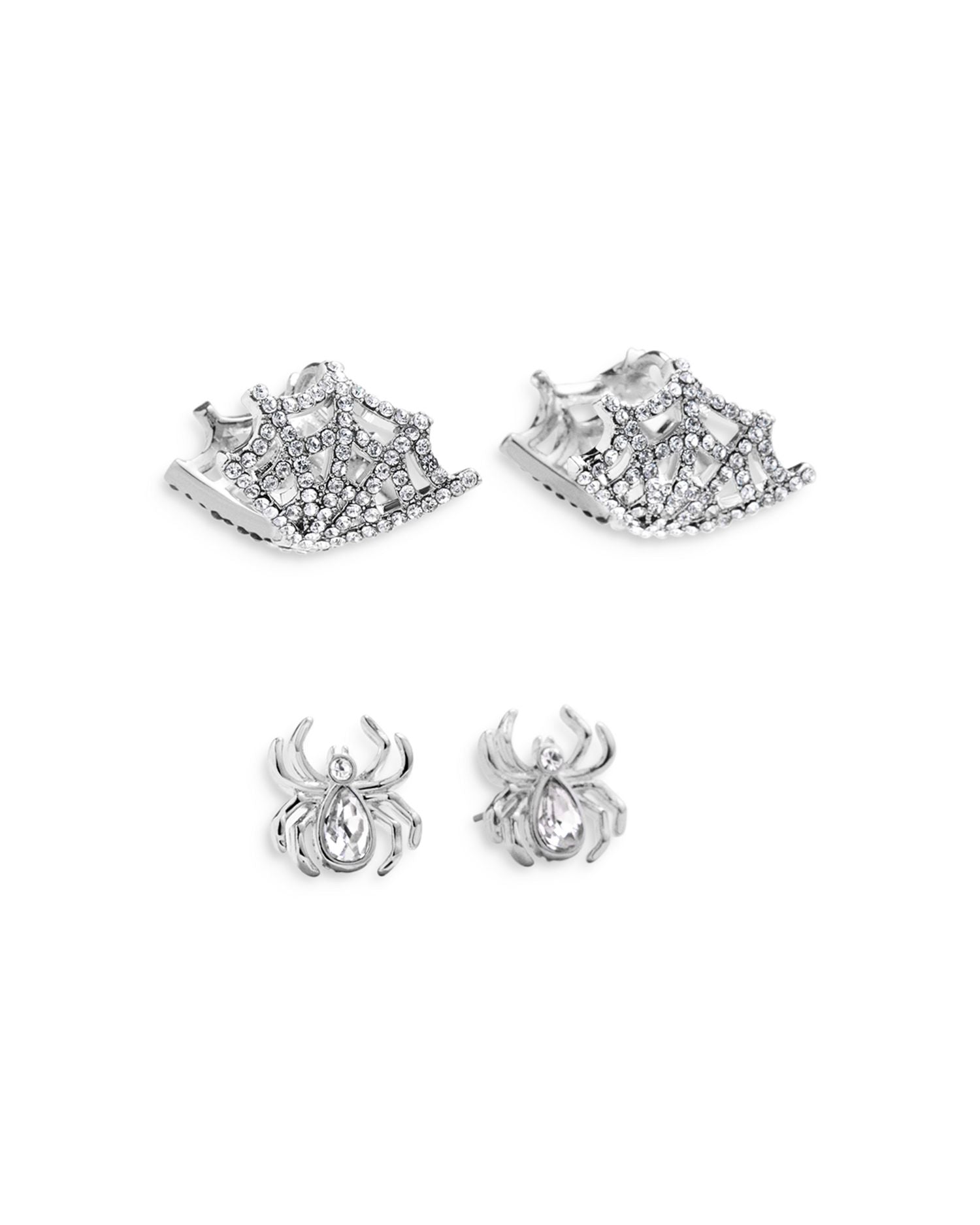 Model Crawlers Crystal Web Hoop & Spider Stud Earrings in Silver Tone, Set of 2