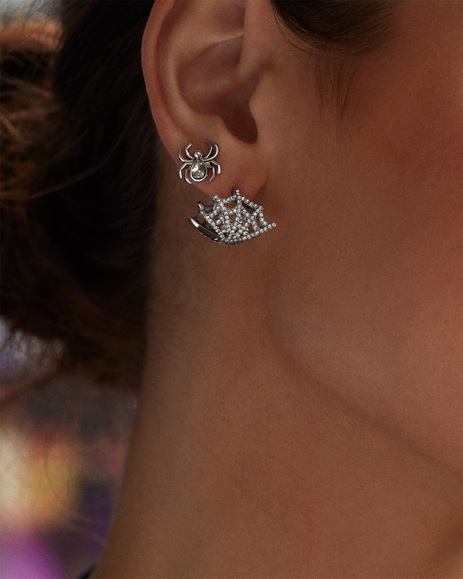 Model Crawlers Crystal Web Hoop & Spider Stud Earrings in Silver Tone, Set of 2