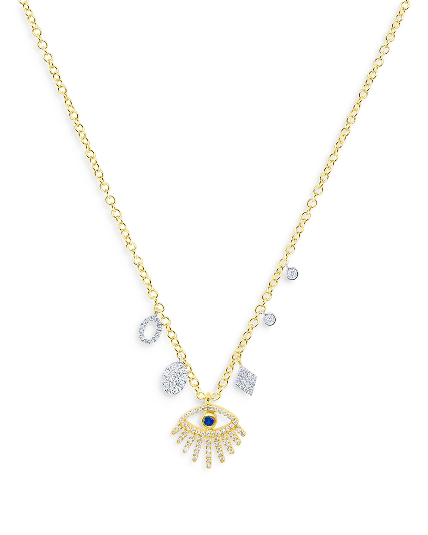 14K Yellow Gold Diamond & Blue Sapphire Evil Eye Charm Necklace, 18"