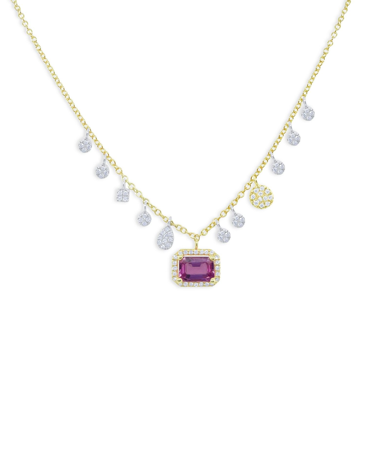 14K Yellow Gold Diamond & Pink Sapphire Necklace, 18'