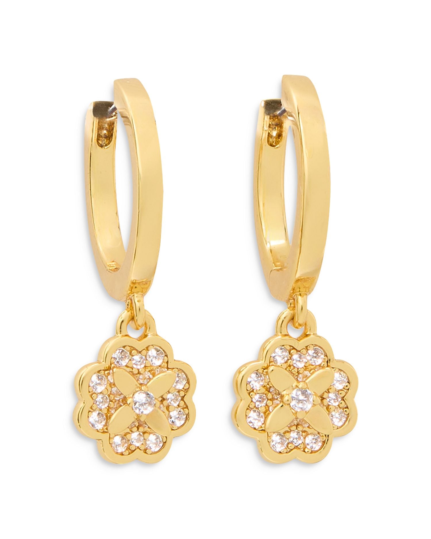 Pavé Flower Charm Hoop Earrings in Gold Tone