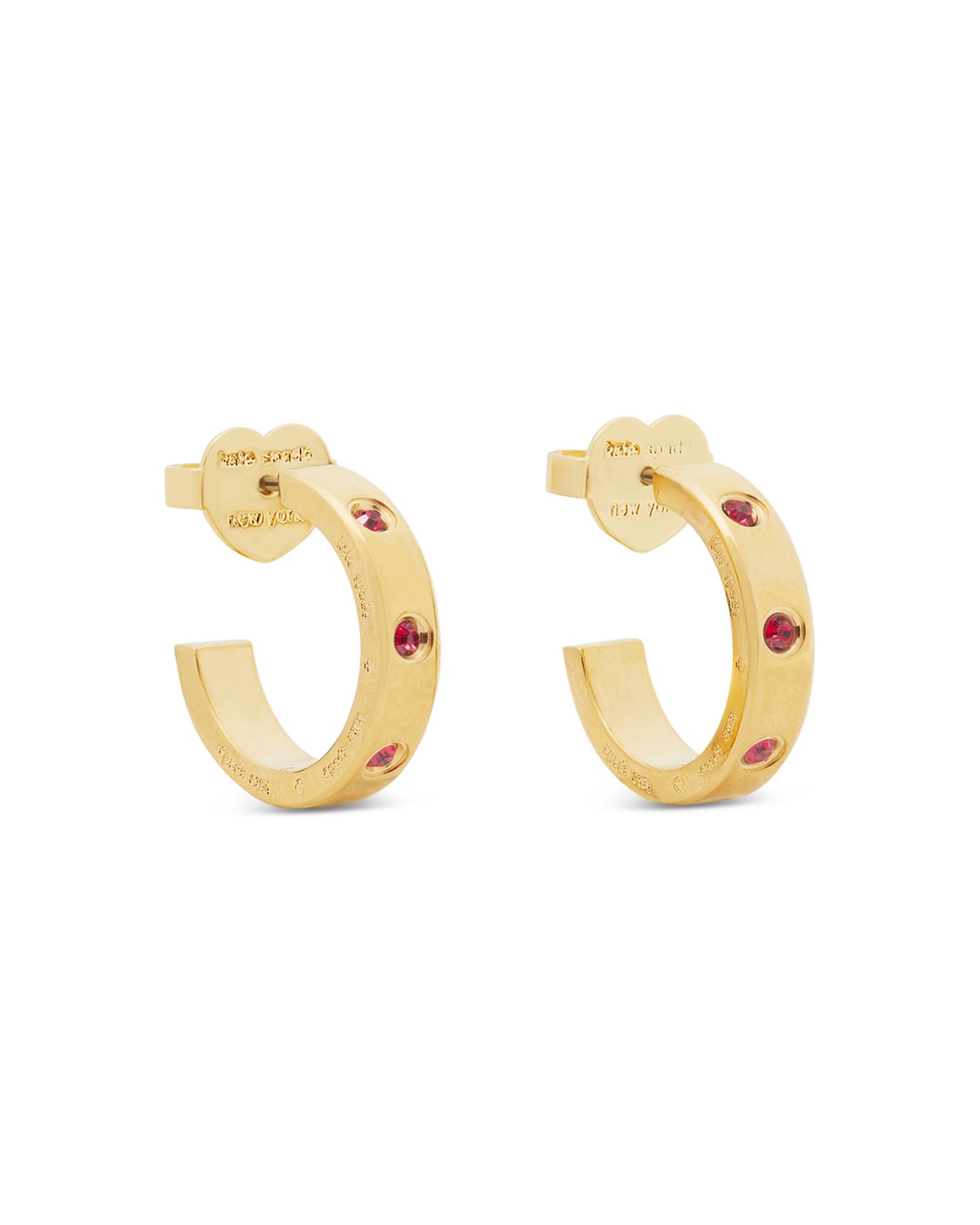 Red Pavé Huggie Hoop Earrings in Gold Tone