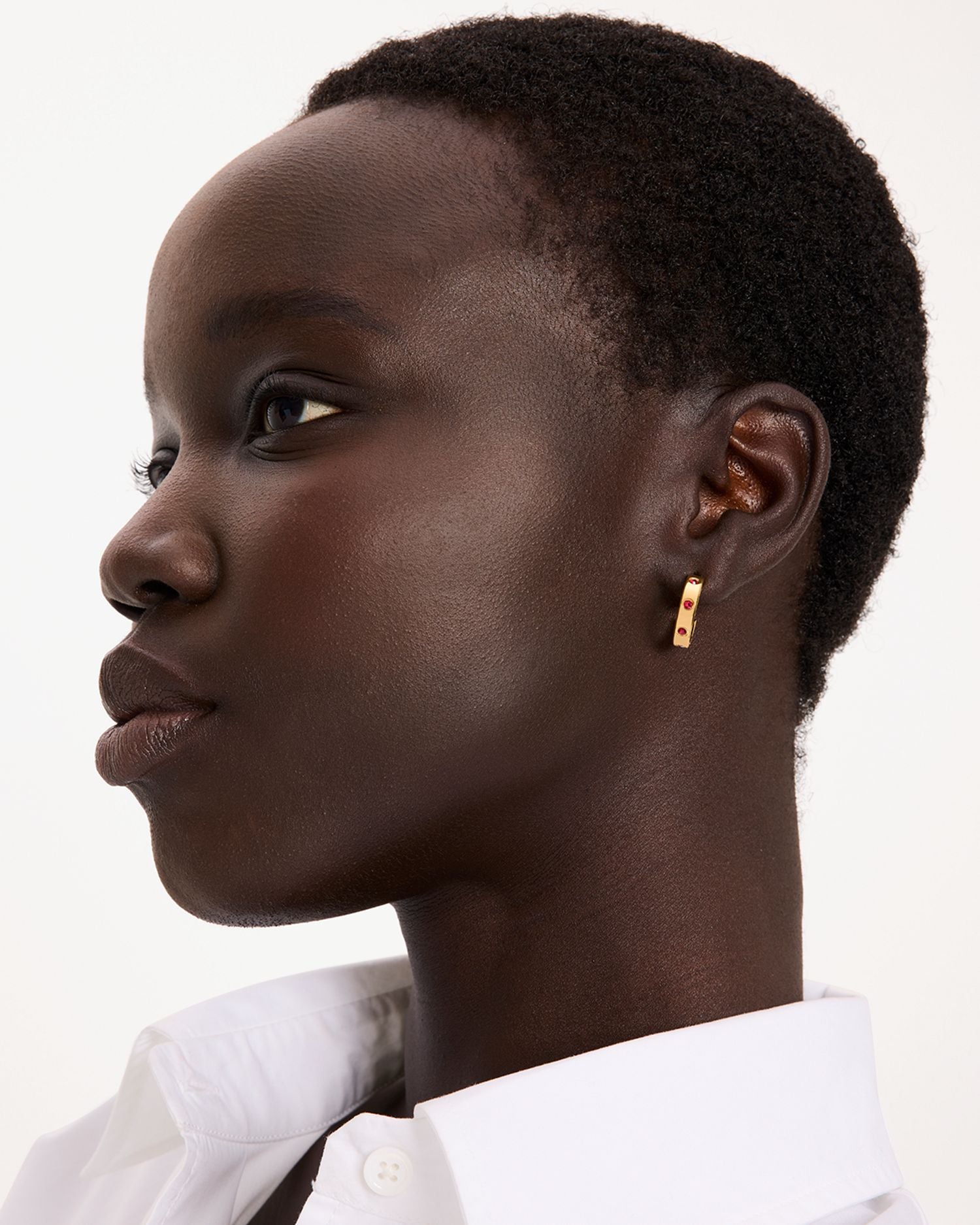 Red Pavé Huggie Hoop Earrings in Gold Tone