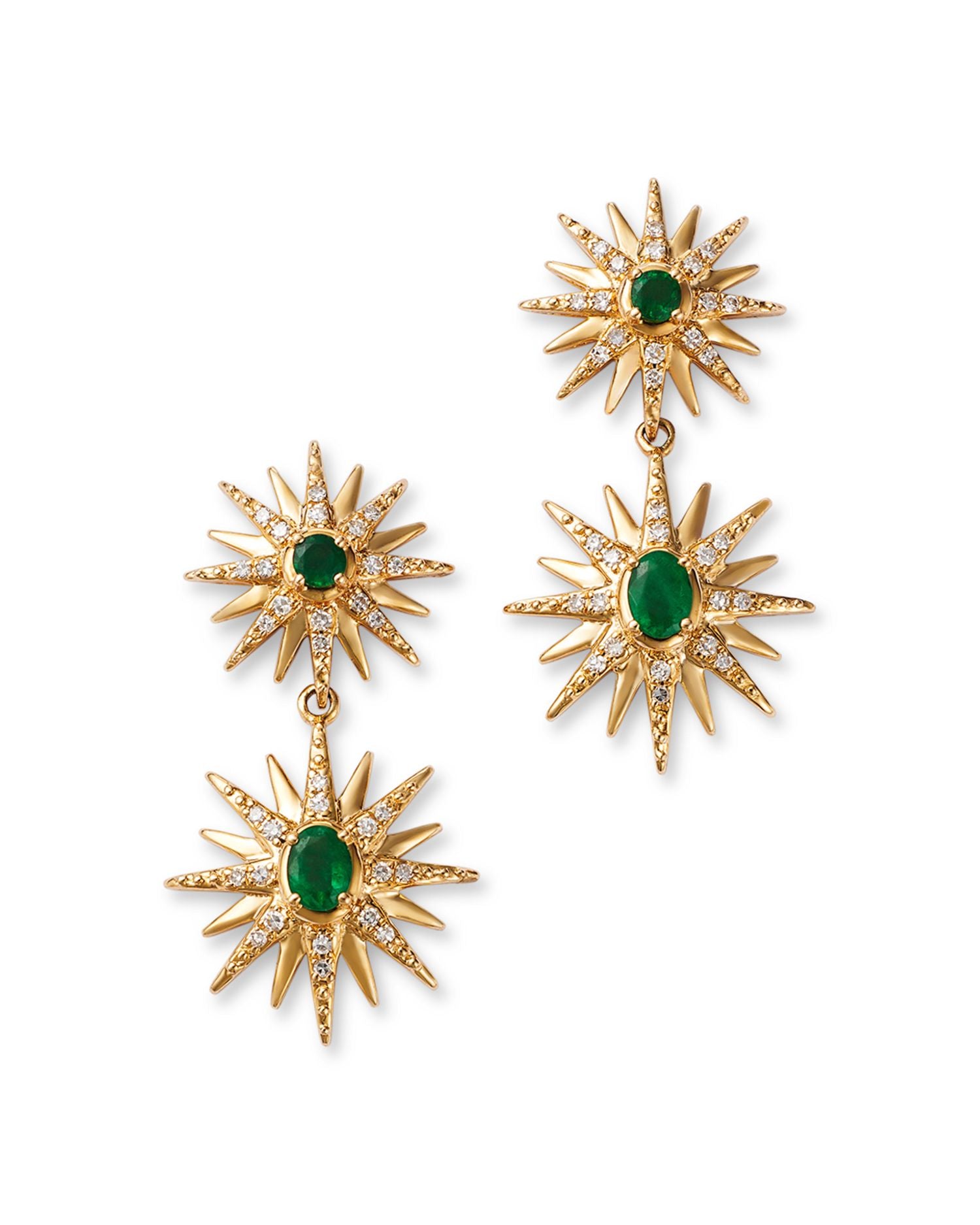 Emerald & Diamond Starburst Drop Earrings in 14K Yellow Gold