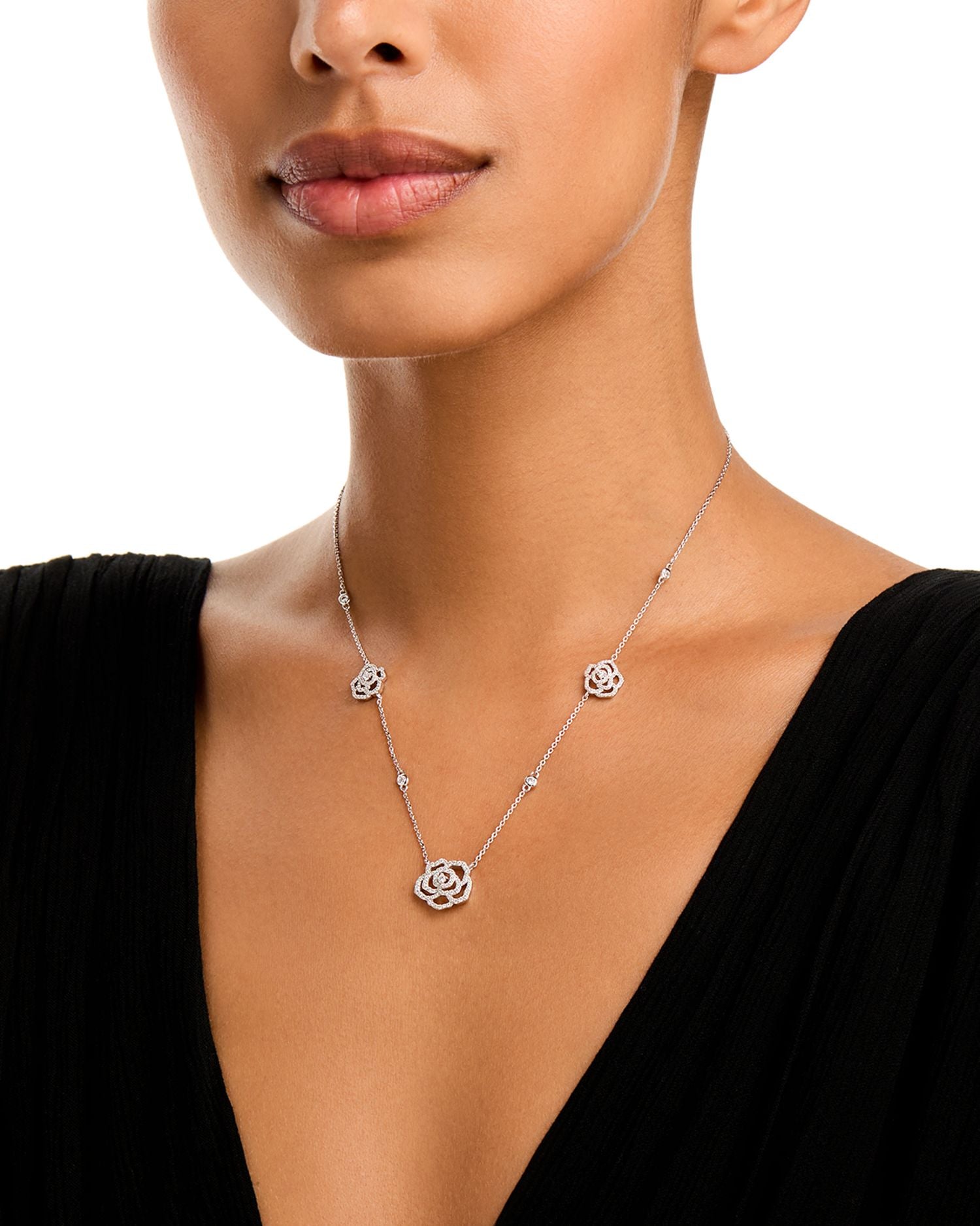 Diamond Flower Station Necklace in 14K White Gold, 0.75 ct. t.w.