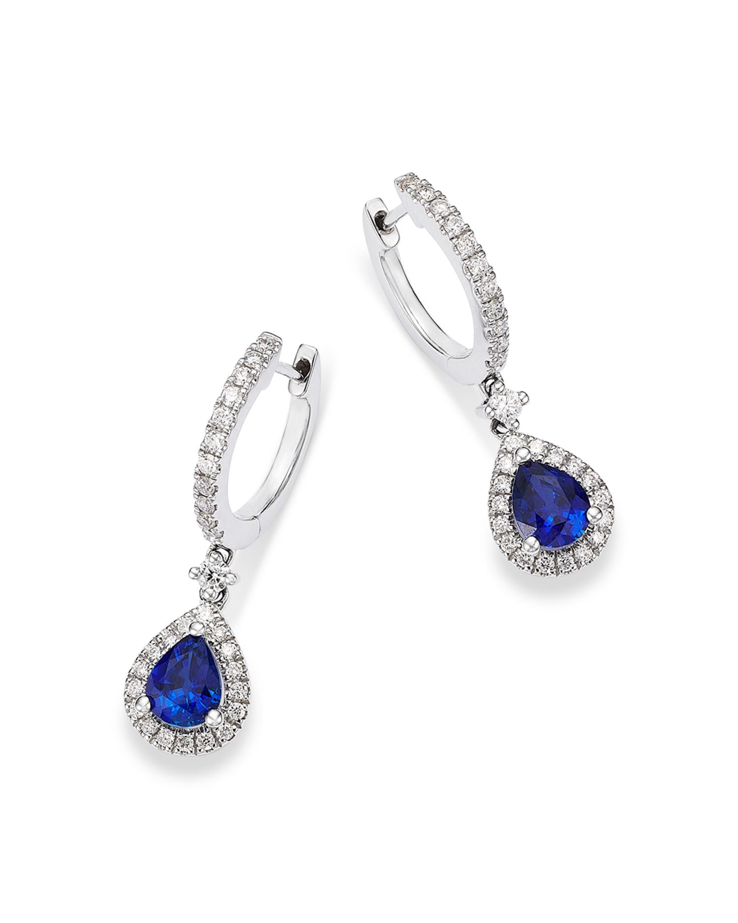 Blue Sapphire & Diamond Pear Halo Dangle Hoop Drop Earrings in 14K White Gold