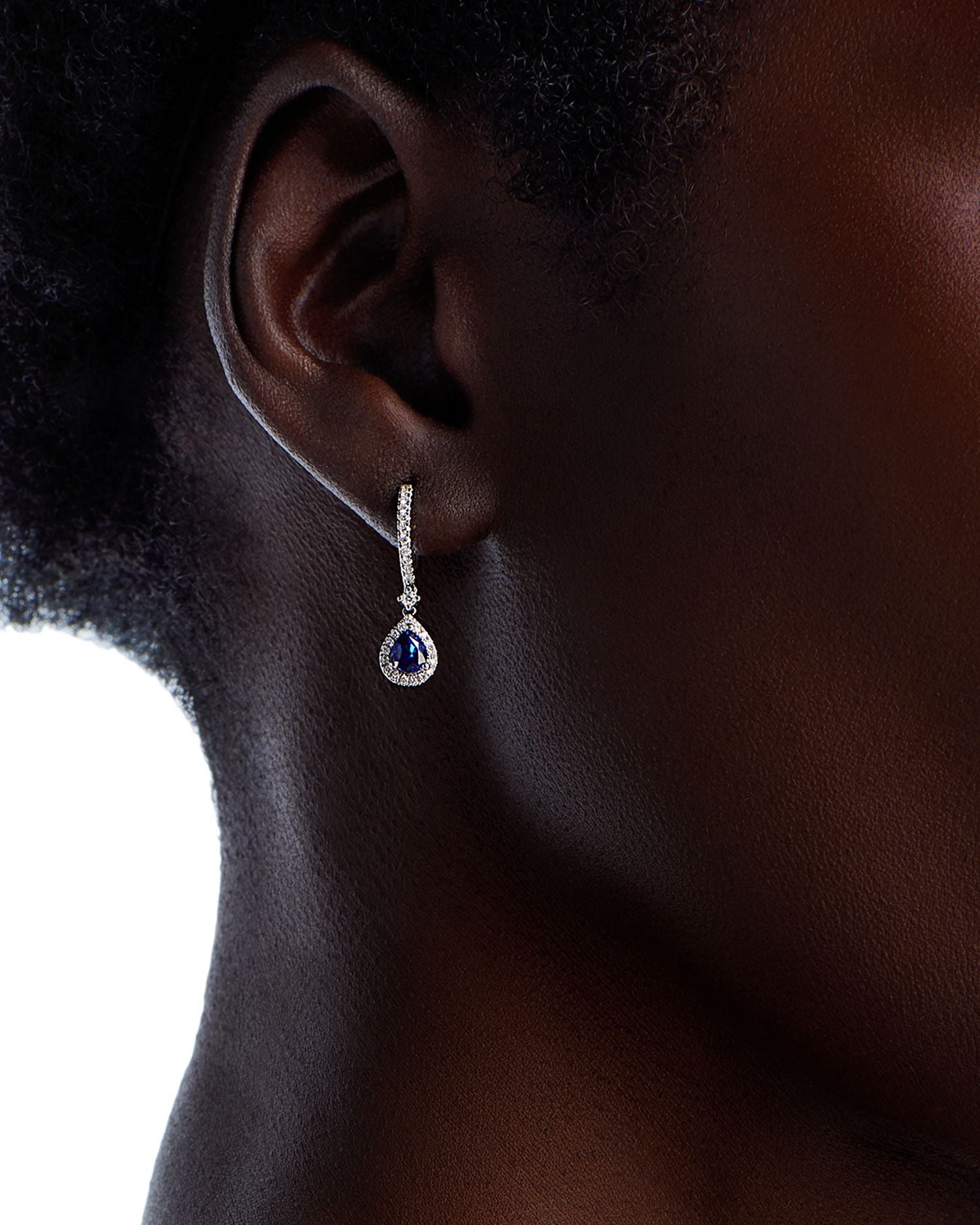 Blue Sapphire & Diamond Pear Halo Dangle Hoop Drop Earrings in 14K White Gold