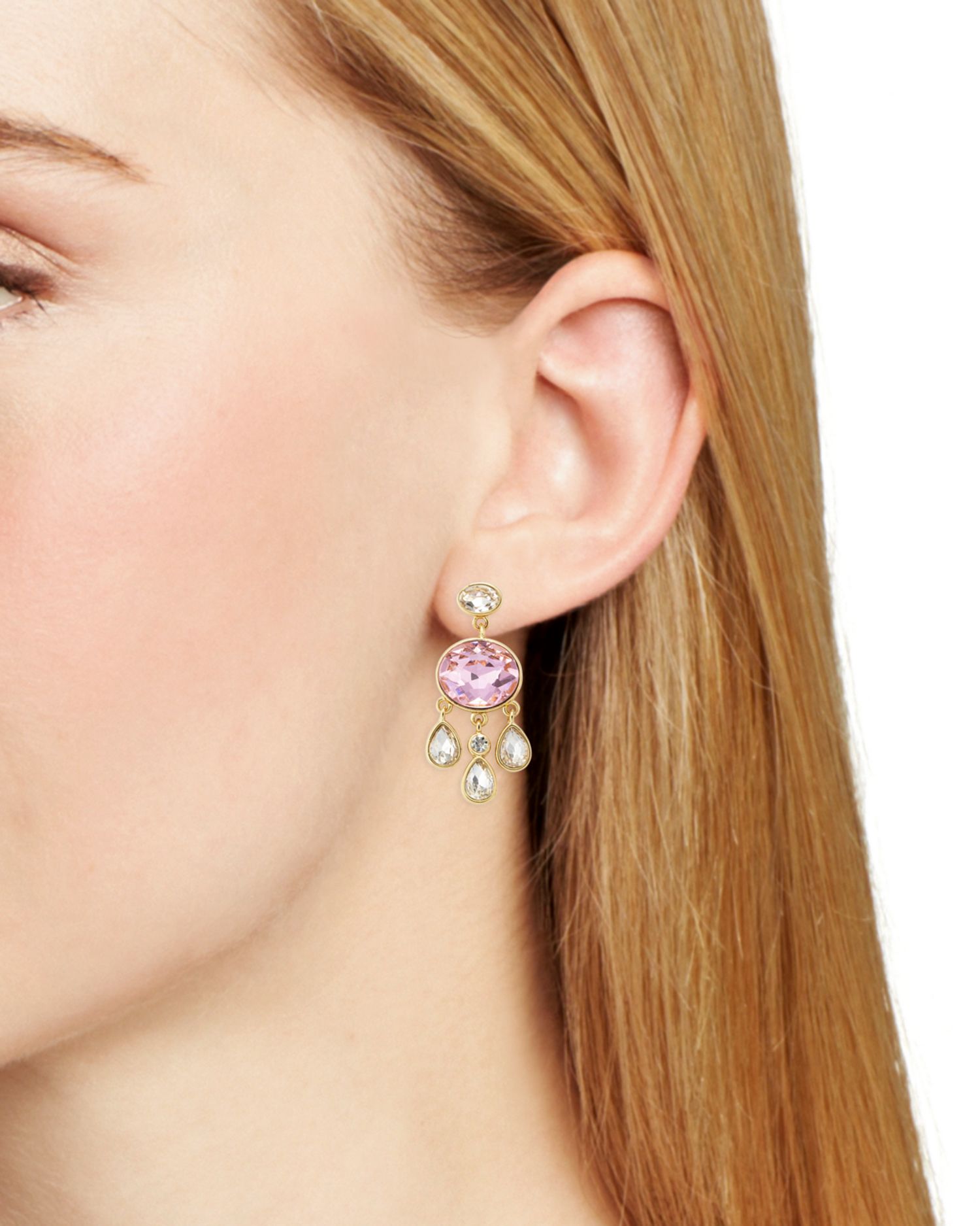 Clear & Pink Stone Drop Earrings in 14K Gold Plated - Exclusive