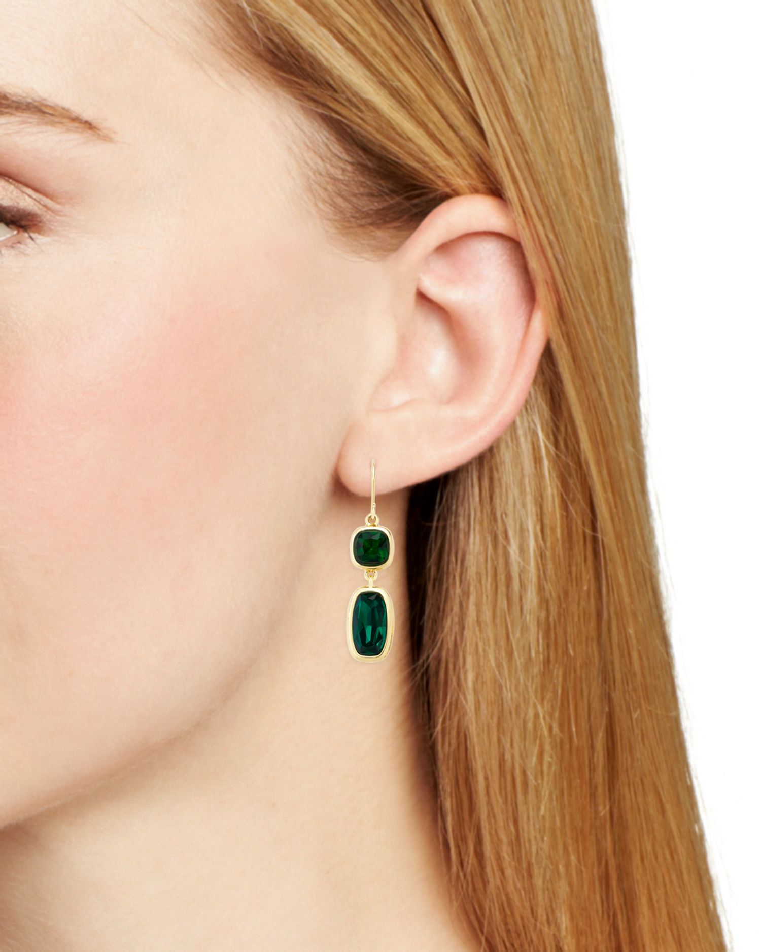 Green Stone Double Drop Earrings in 14K Gold Plated - Exclusive