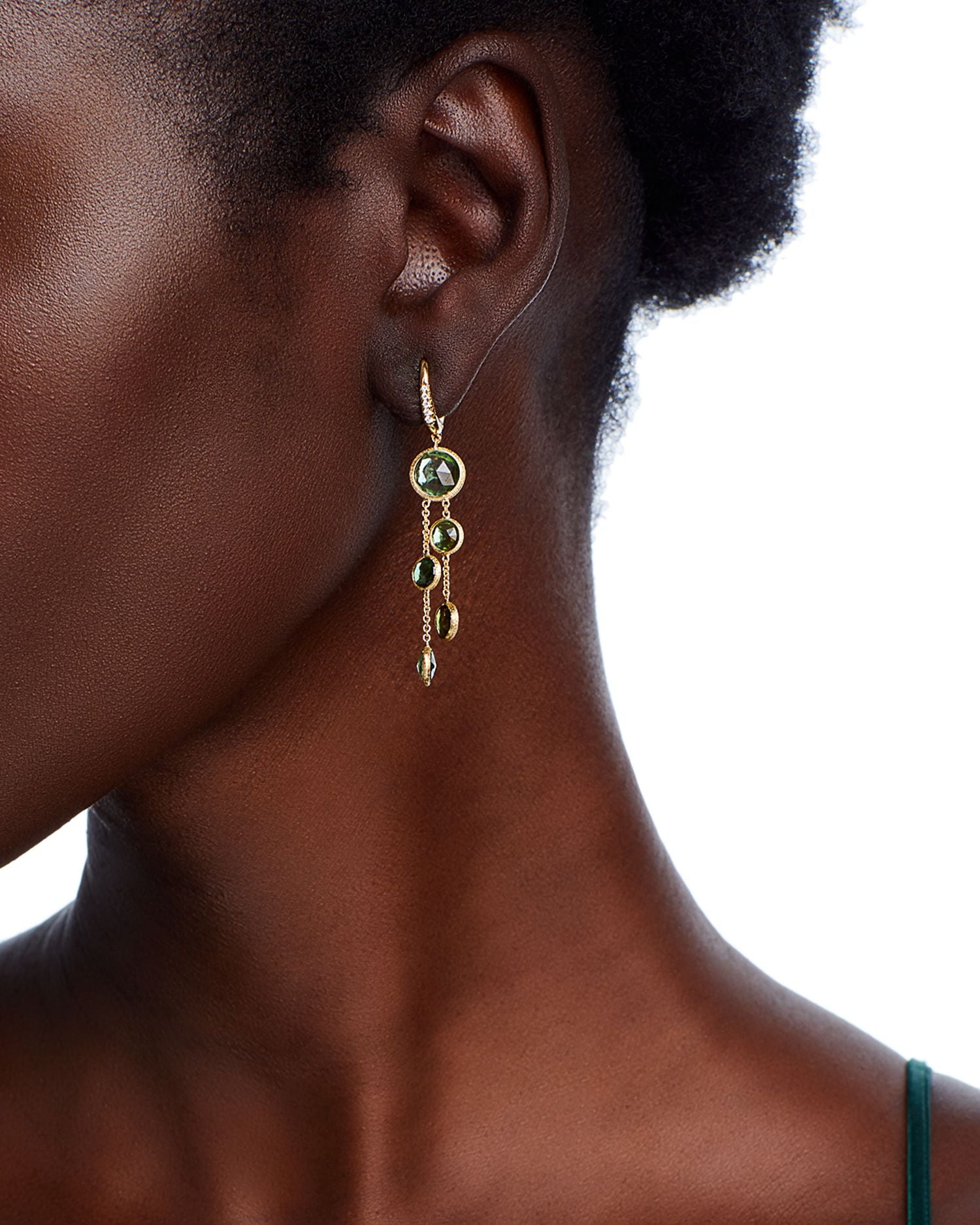 18K Yellow Gold Jaipur Color Green Tourmaline & Diamond Cascading Drop Earrings - Exclusive