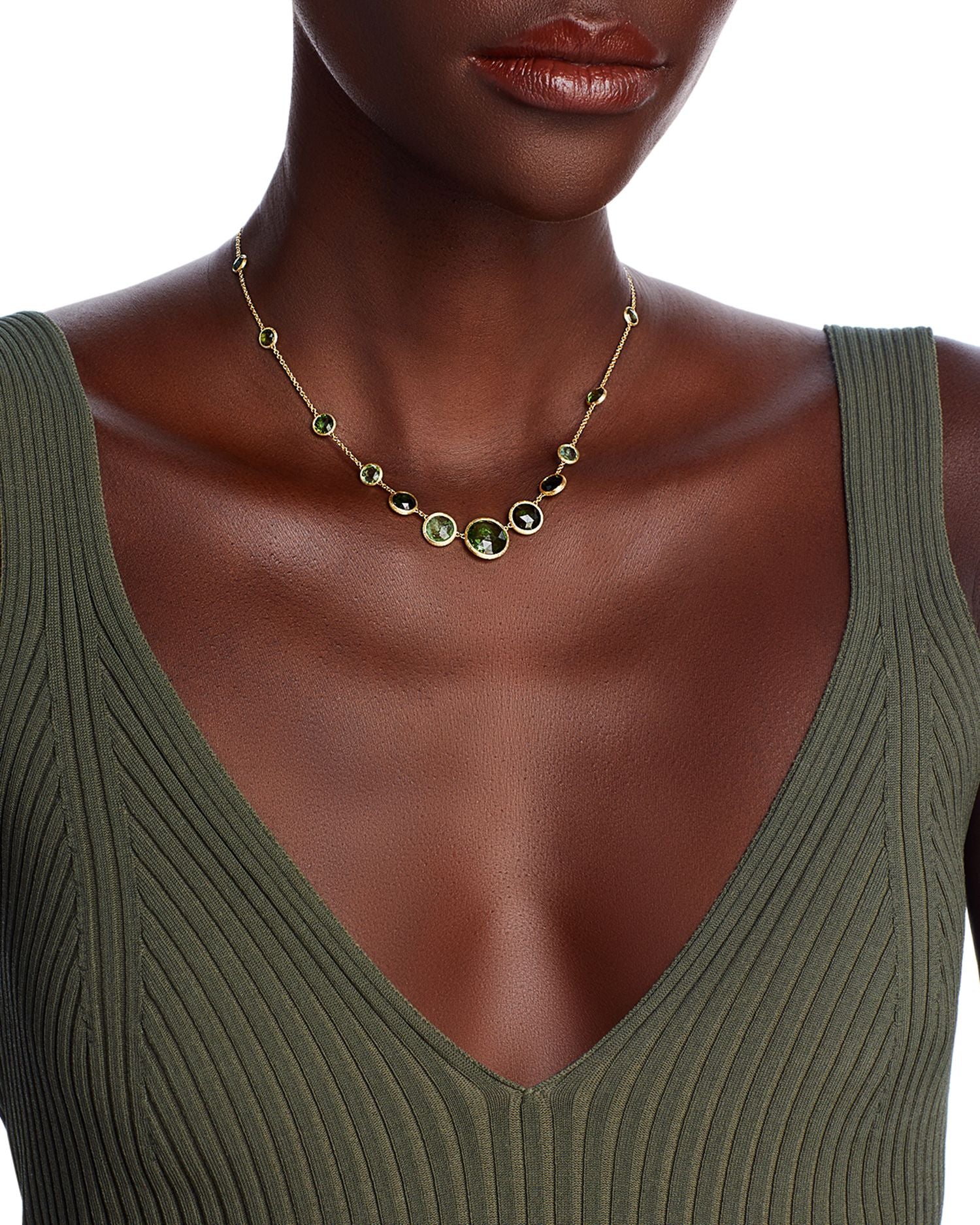 18K Yellow Gold Jaipur Color Green Tourmaline Bezel Graduated Statement Necklace, 16.5 - 18' - Exclusive