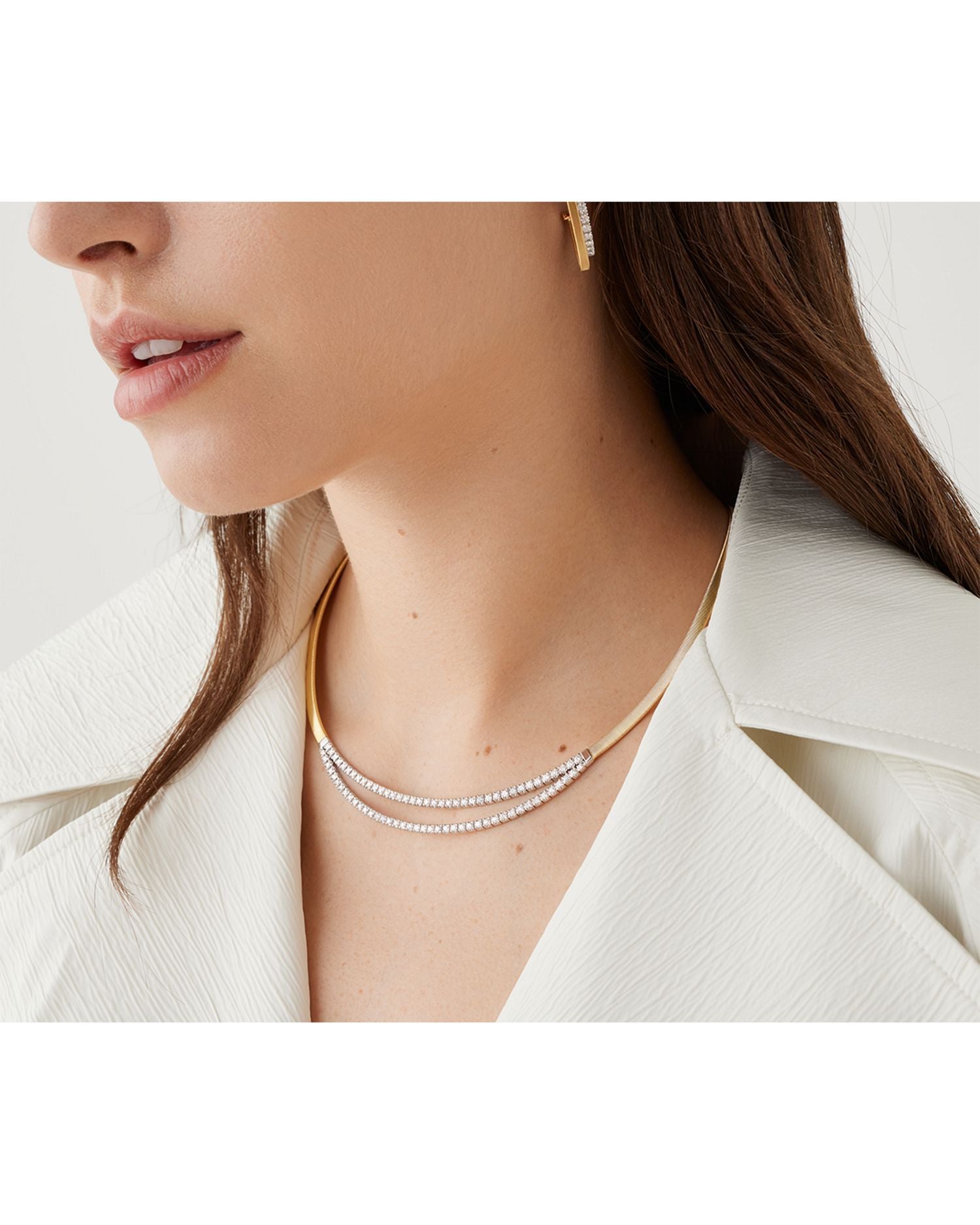 18K Yellow & White Gold Masai Diamond Double Row Bar Collar Necklace, 16.5'