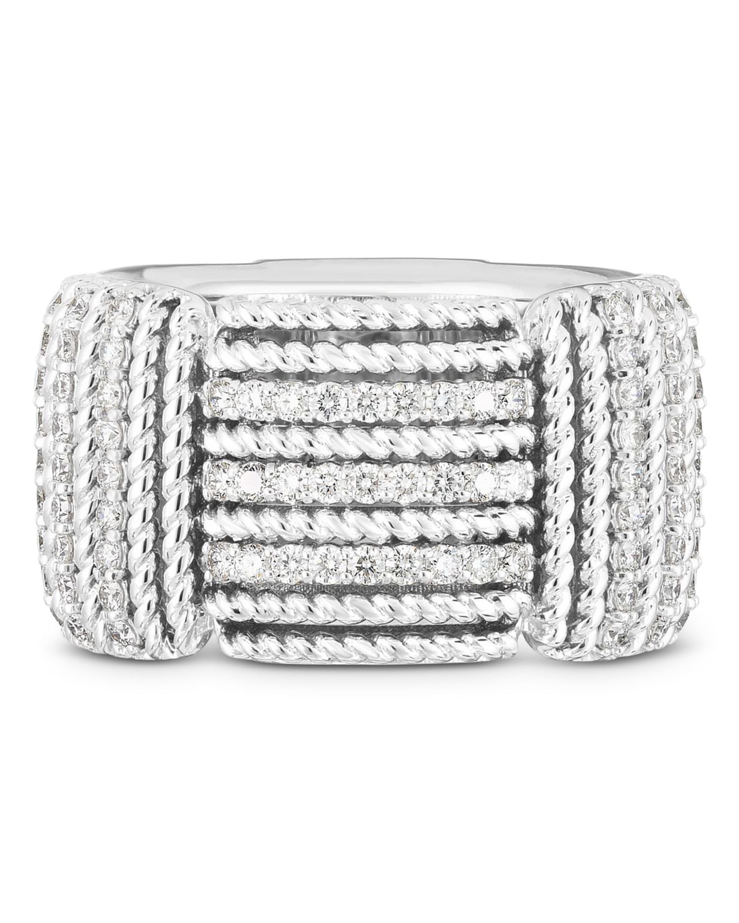 18K White Gold Opera Diamond Wide Square Rope Segment Statement Ring