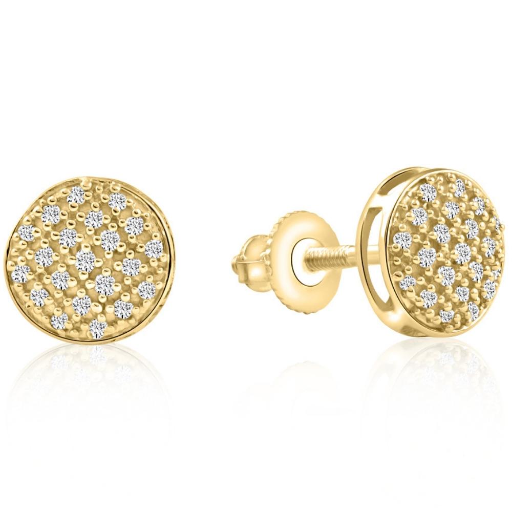 Pave Diamond Round Studs Screw Back Earrings White or Yellow Gold 7mm Wide