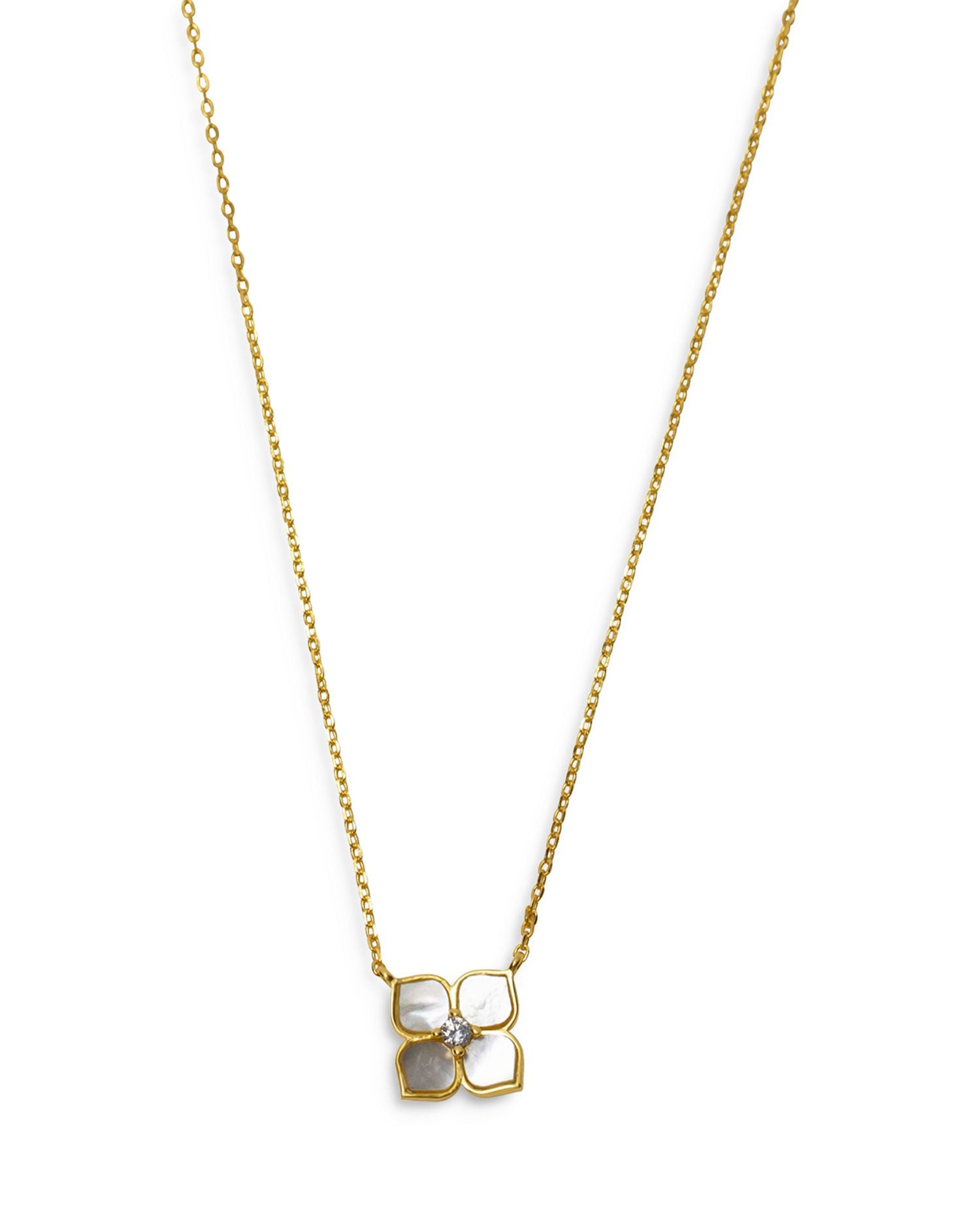 Cubic Zirconia & Mother Of Pearl Flower Pendant Necklace in 18K Gold Plated Sterling Silver, 16'-18'