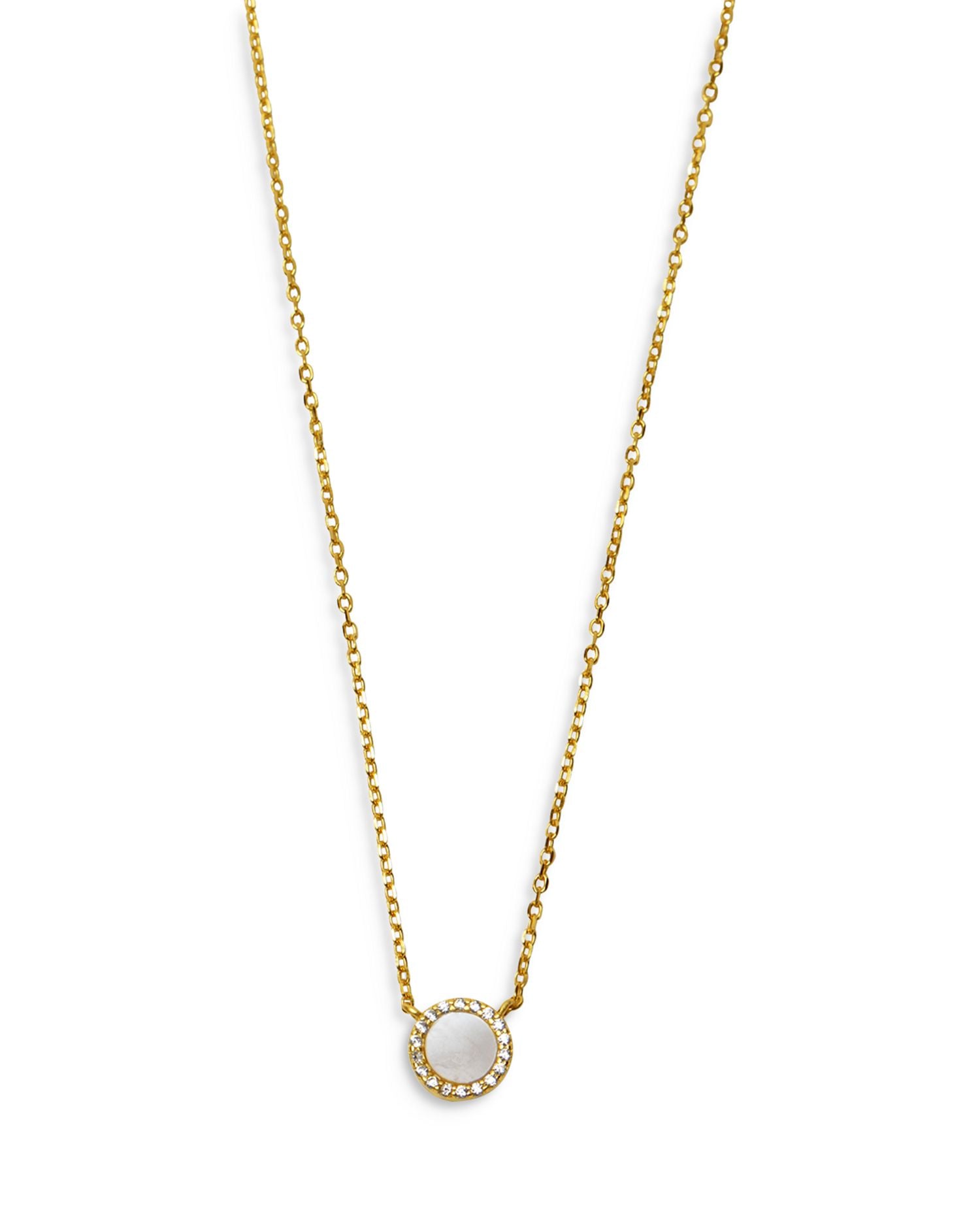 Cubic Zirconia & Mother Of Pearl Halo Pendant Necklace in 18K Gold Plated Sterling Silver, 16'-18'