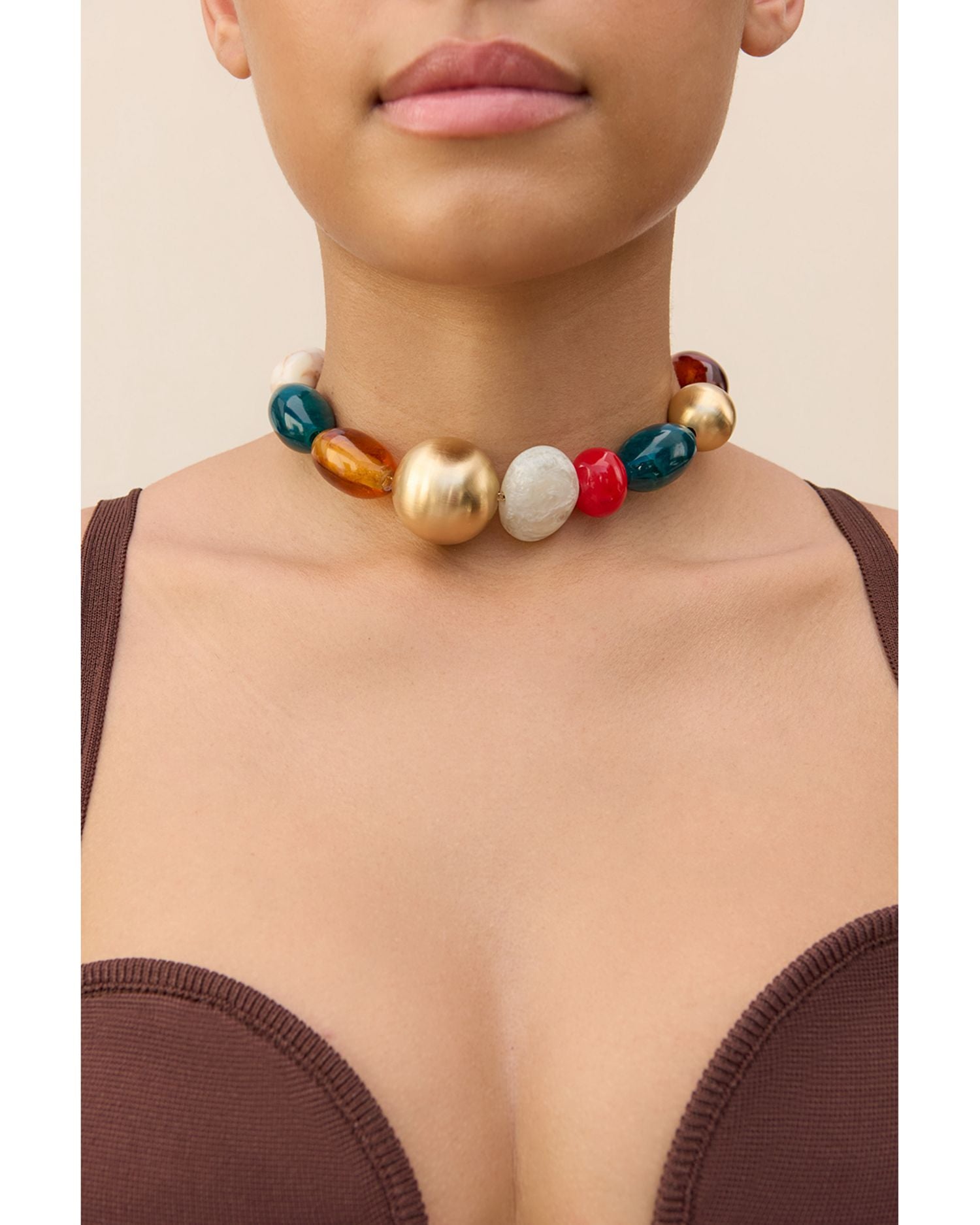 Mercier Multicolor Large Bead Choker Necklace in Gold Tone, 18
