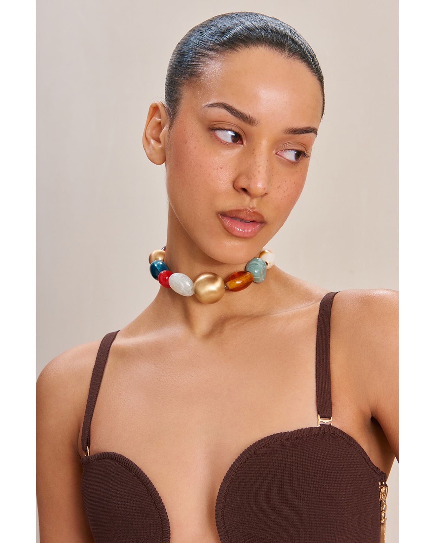 Mercier Multicolor Large Bead Choker Necklace in Gold Tone, 18