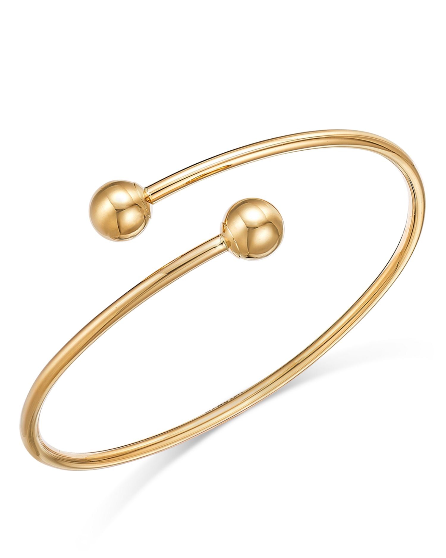 Polished Bead End Bypass Bangle Bracelet in 14K Yellow Gold