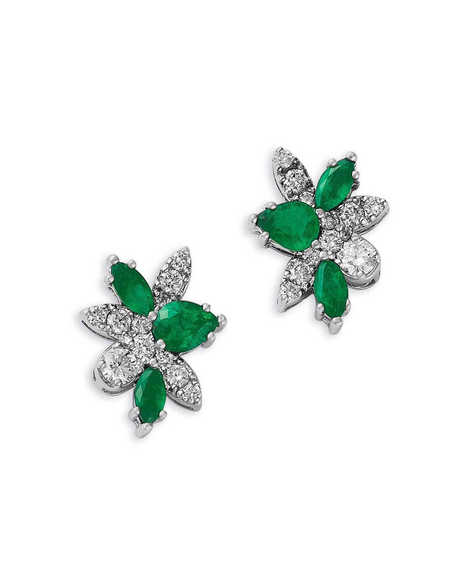 Emerald & Diamond Flower Cluster Stud Earrings in 14K White Gold