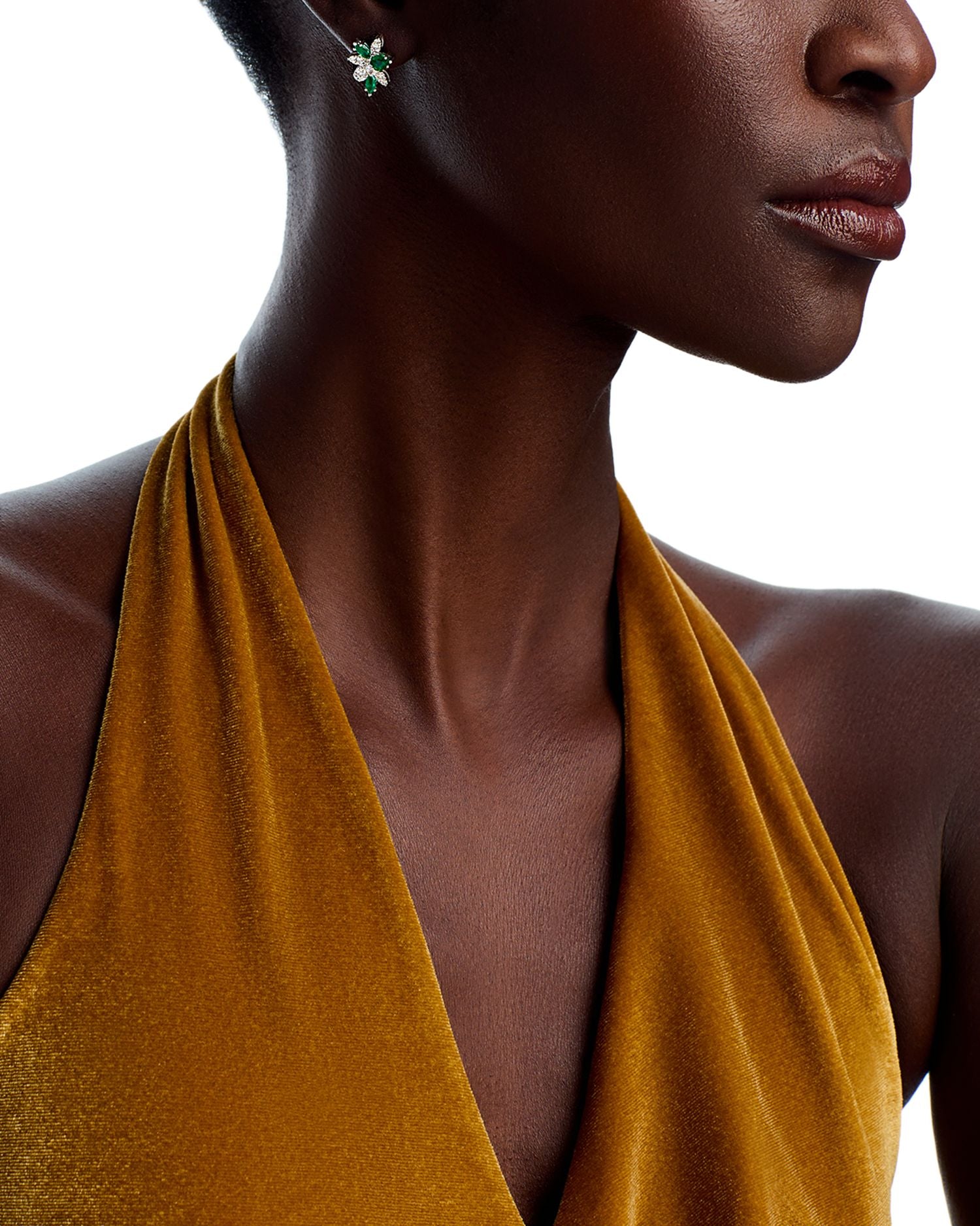 Emerald & Diamond Flower Cluster Stud Earrings in 14K White Gold