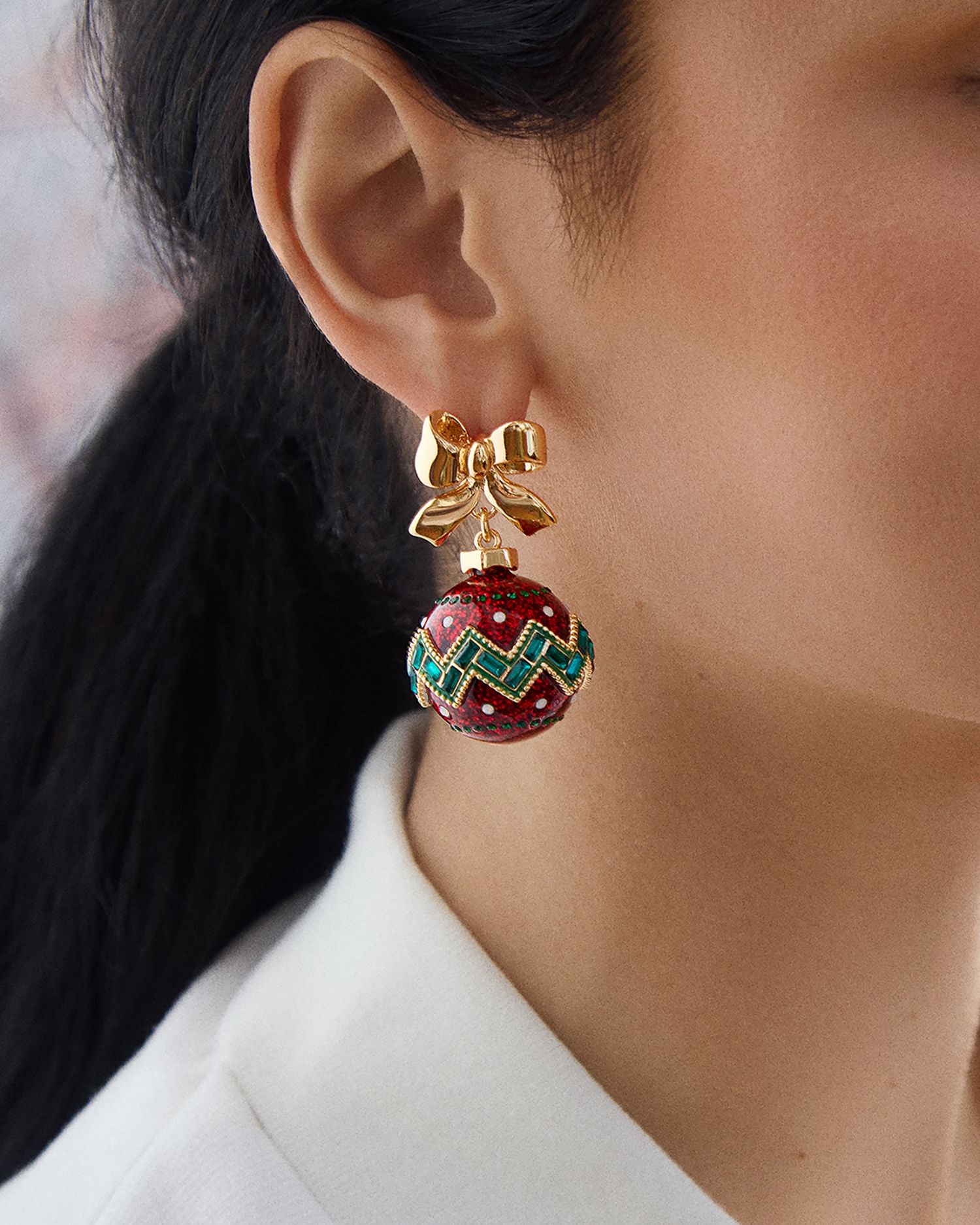 Sleigh Bell Bling Bow & Ornament Drop Earrings in Gold Tone