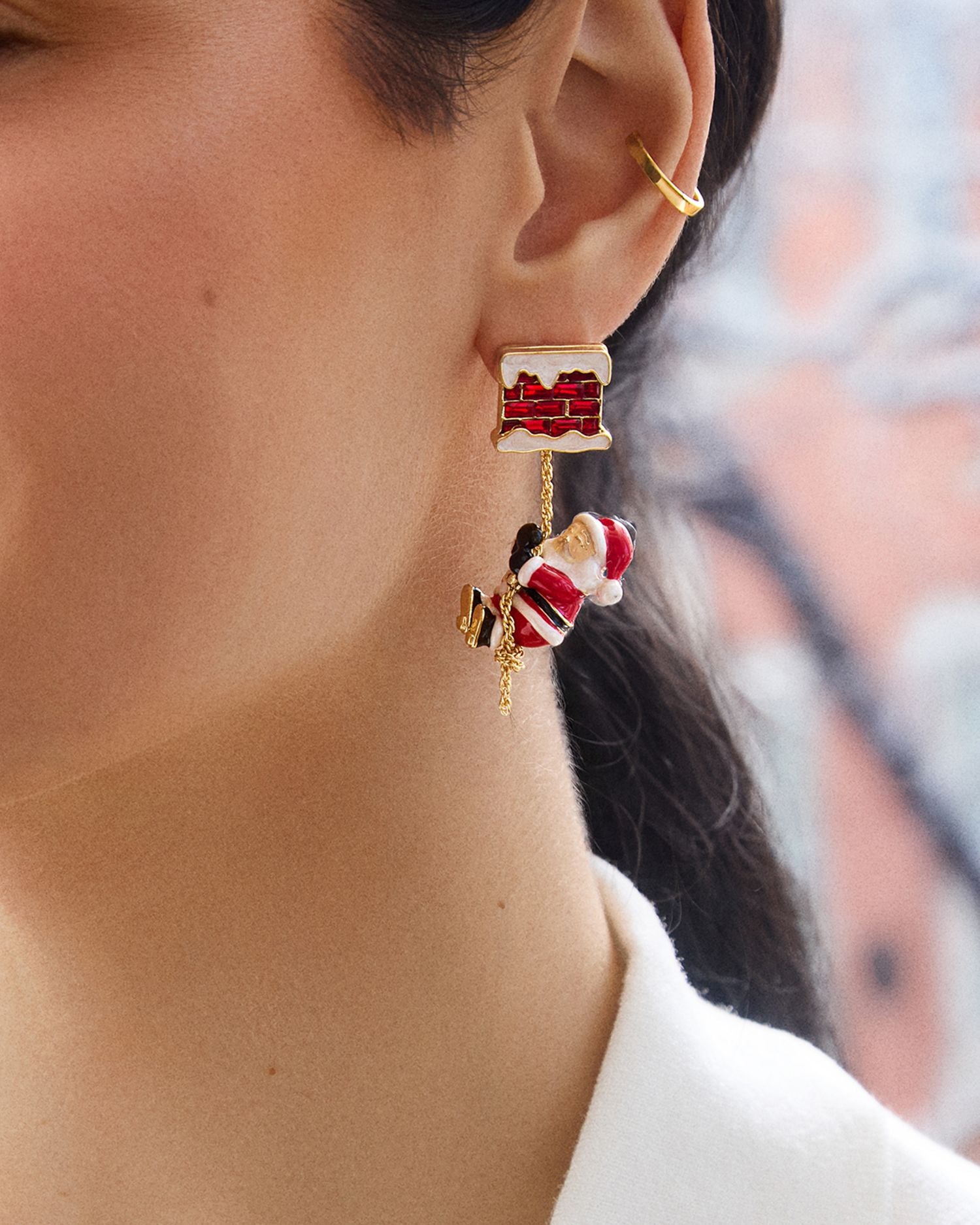 Hurry Down The Chimney Crystal & Santa Drop Earrings in Gold Tone