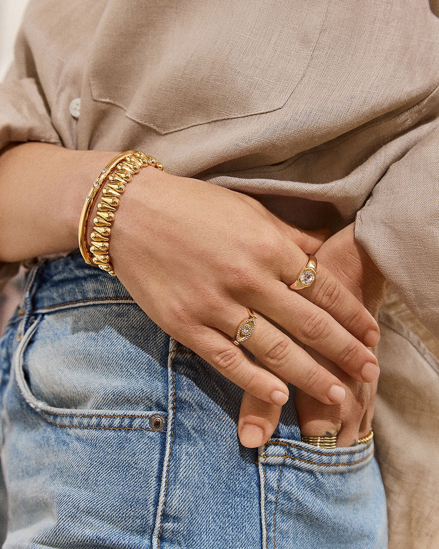Ella Sculptural Bead Stretch Bracelet in Gold Tone
