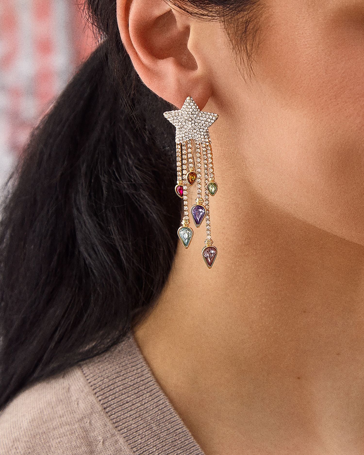 Light Fest Crystal Shooting Star Statement Earrings in Gold Tone