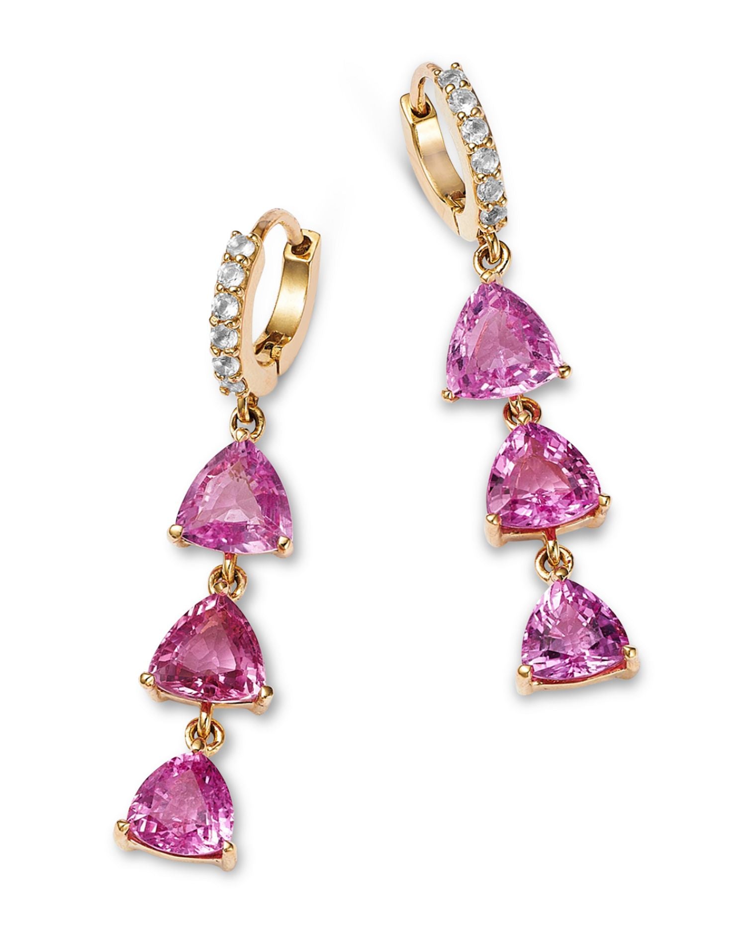 14K Yellow Gold Trillion Pink Sapphire, Pink Tourmaline & White Topaz Drop Earrings