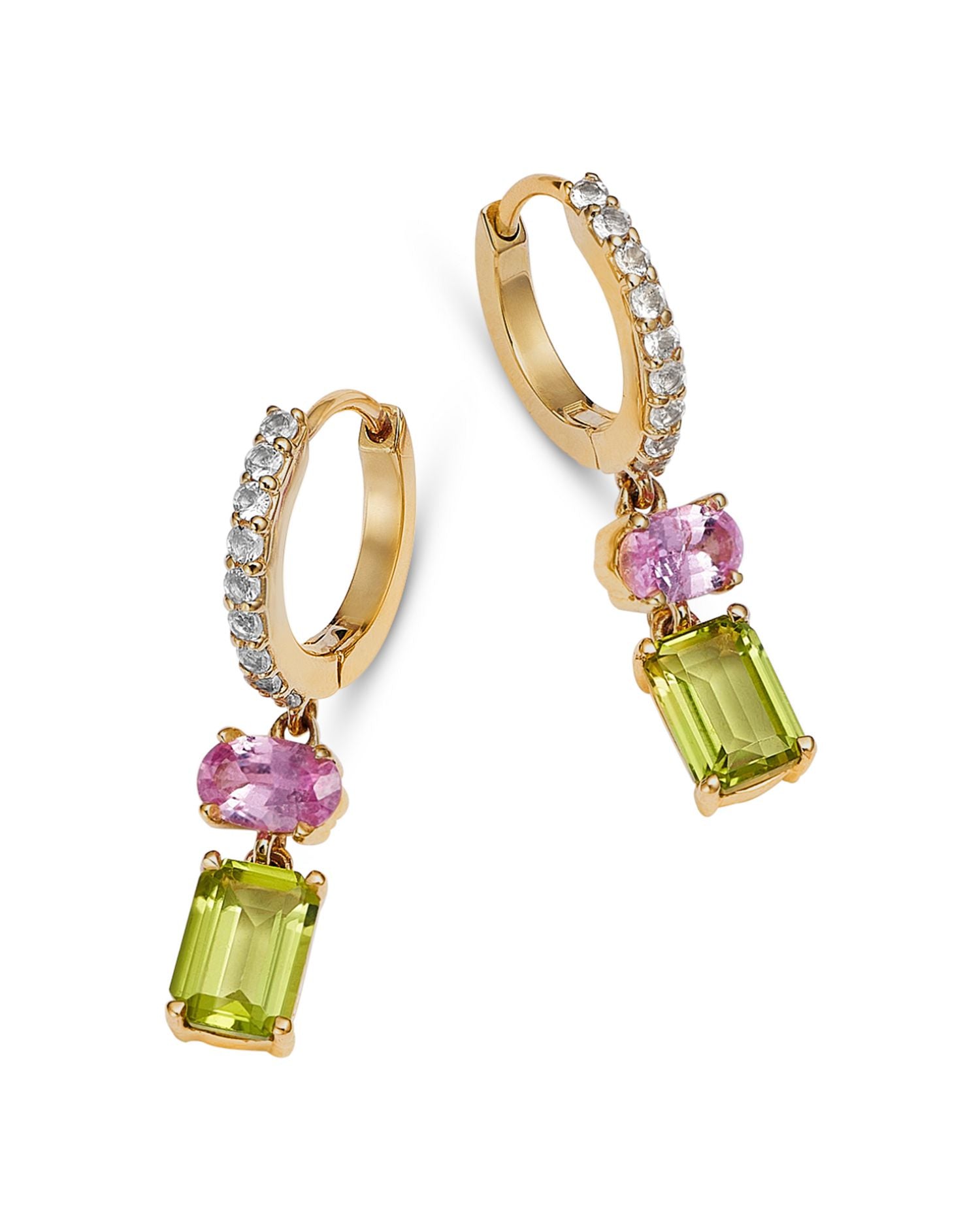 14K Yellow Gold Pink Sapphire, Green Peridot & White Topaz Huggie Hoop Earrings