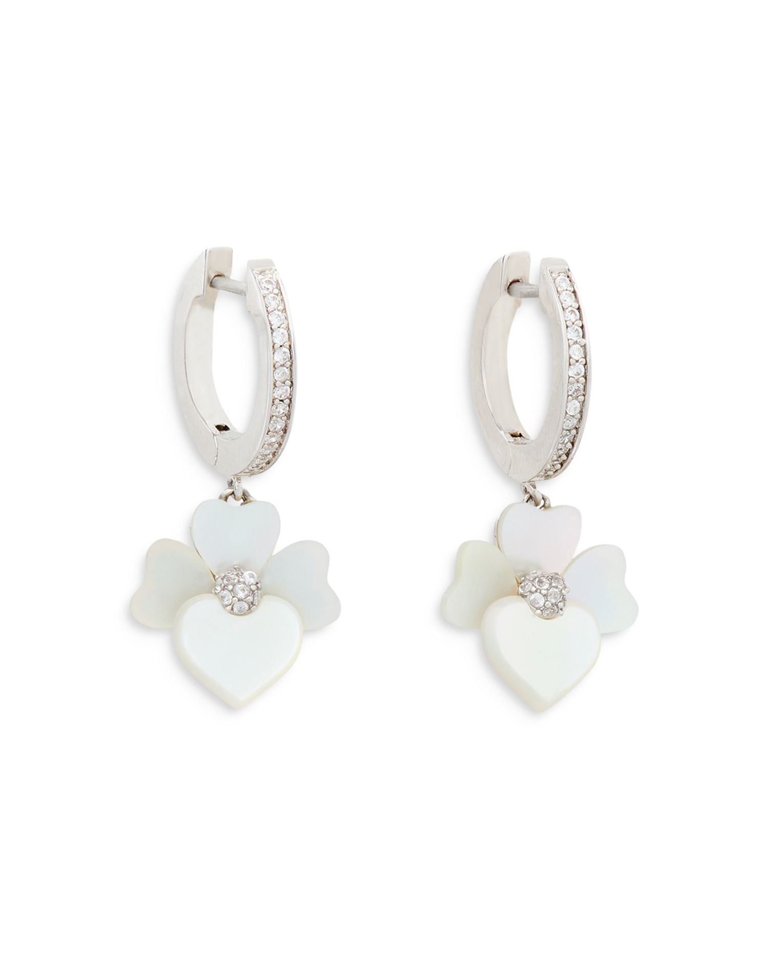 Pavé & Mother Of Pearl Flower Charm Hoop Earrings in Silver Tone