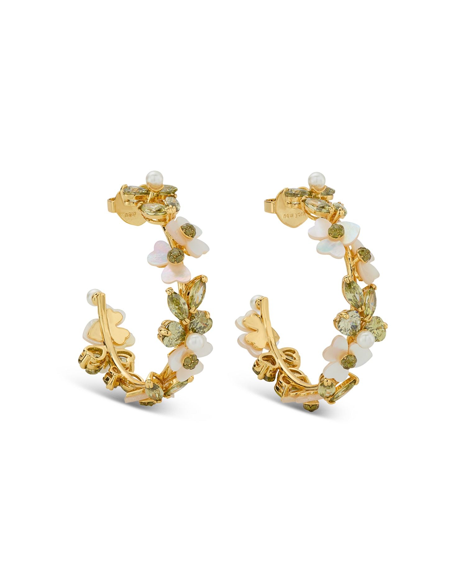 Mixed Stone Flower Hoop Earrings in Gold Tone