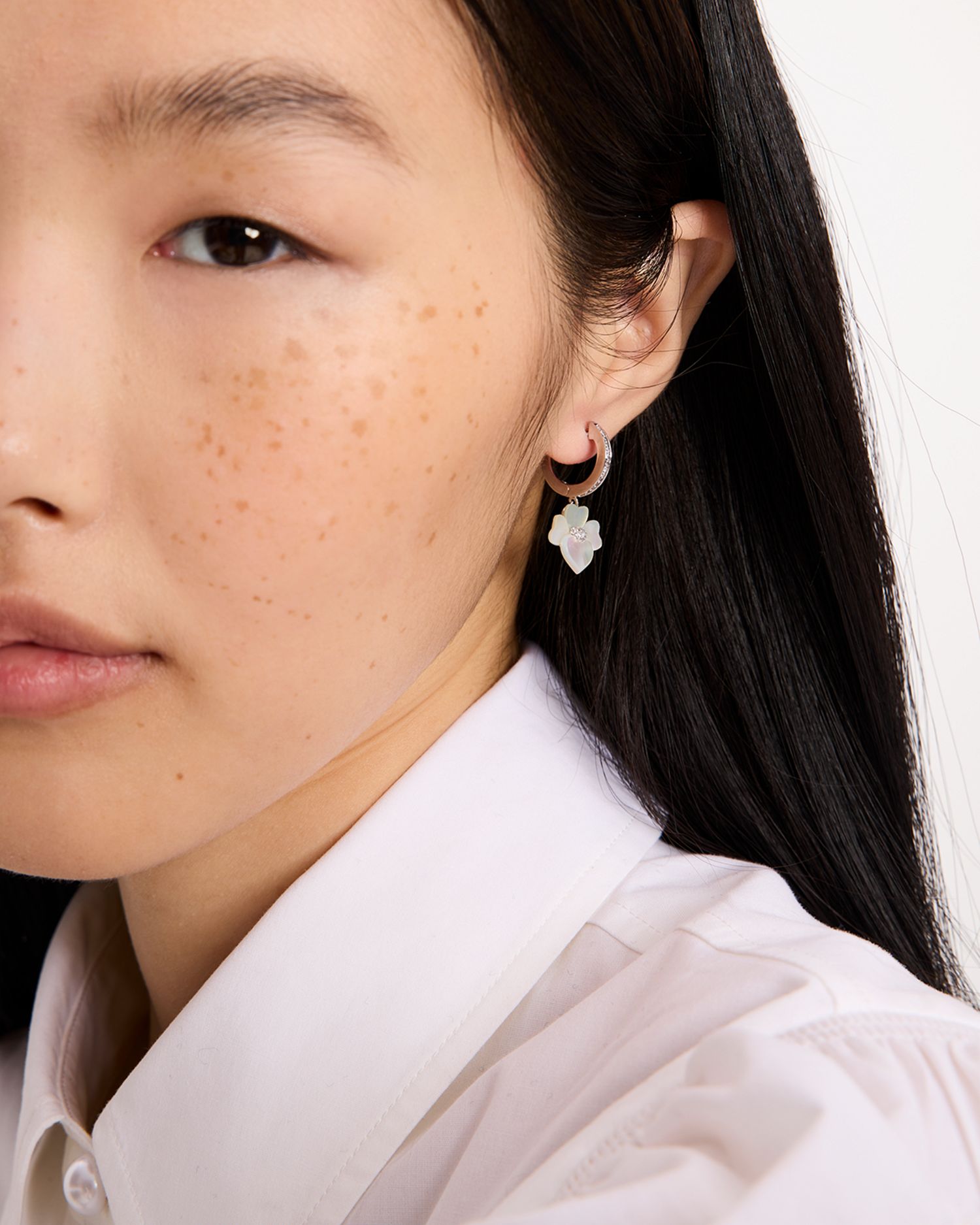 Pavé & Mother Of Pearl Flower Charm Hoop Earrings in Silver Tone