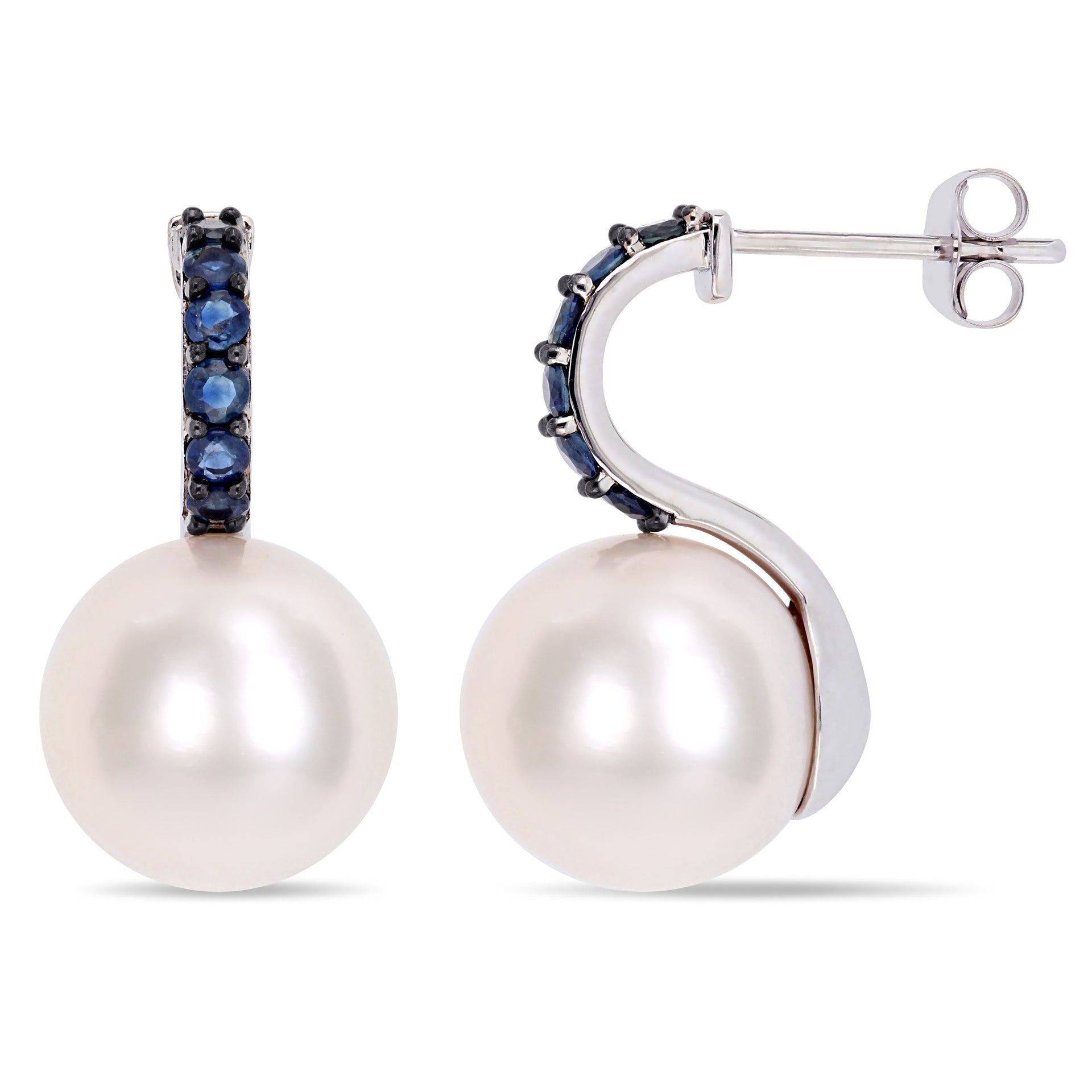 11-12mm Cultured Freshwater Pearl and 5/8 ct TW Sapphire Drop Earrings in 10k White Gold