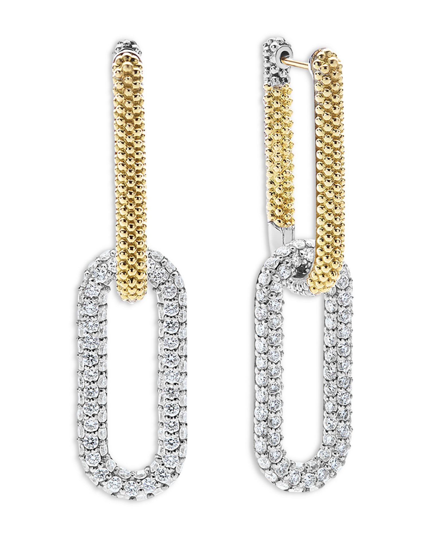 18K Yellow Gold & Silver Caviar Lux-Clip Diamond Link Drop Earrings - Exclusive