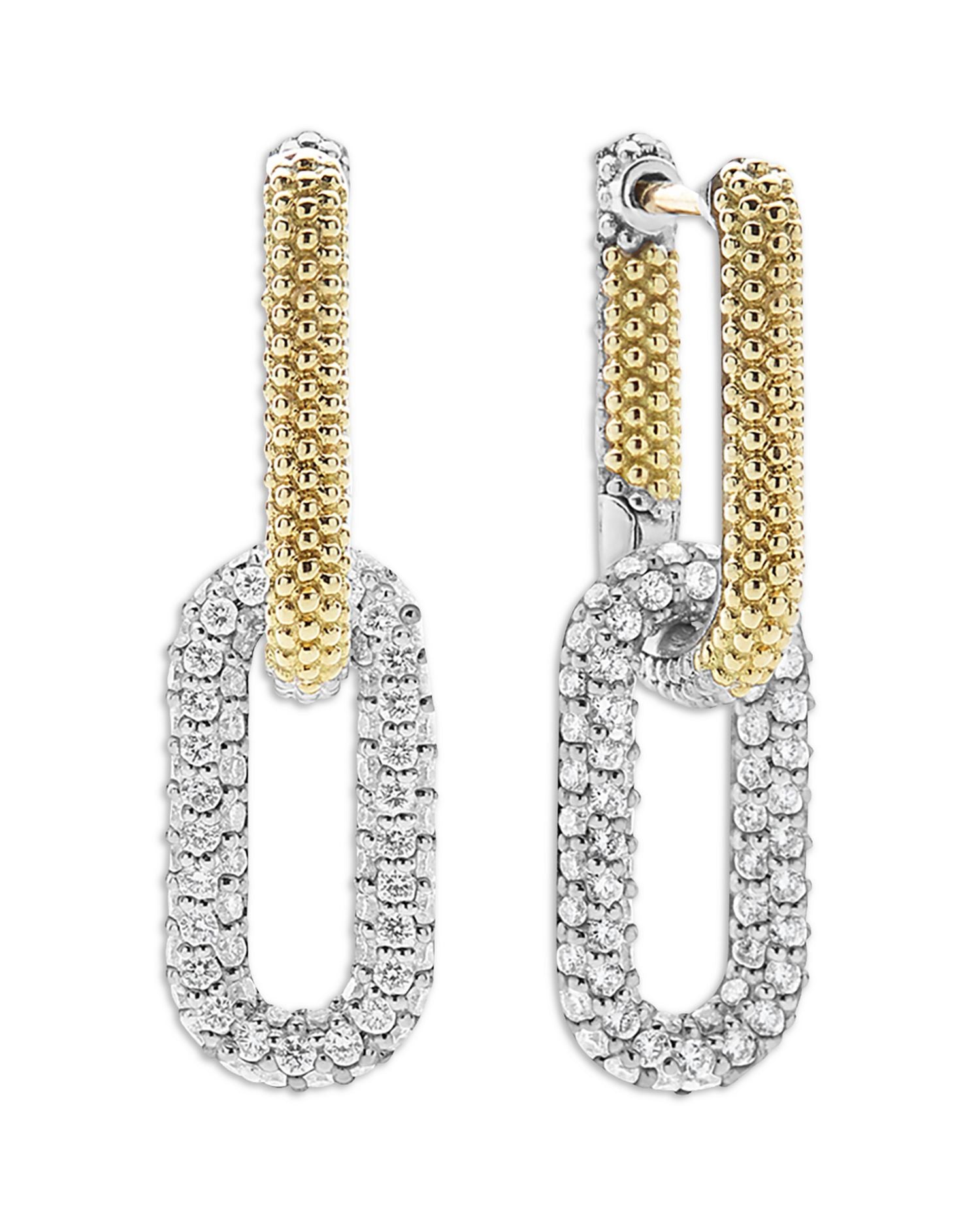 18K Yellow Gold & Silver Caviar Lux-Clip Diamond Link Drop Earrings - Exclusive