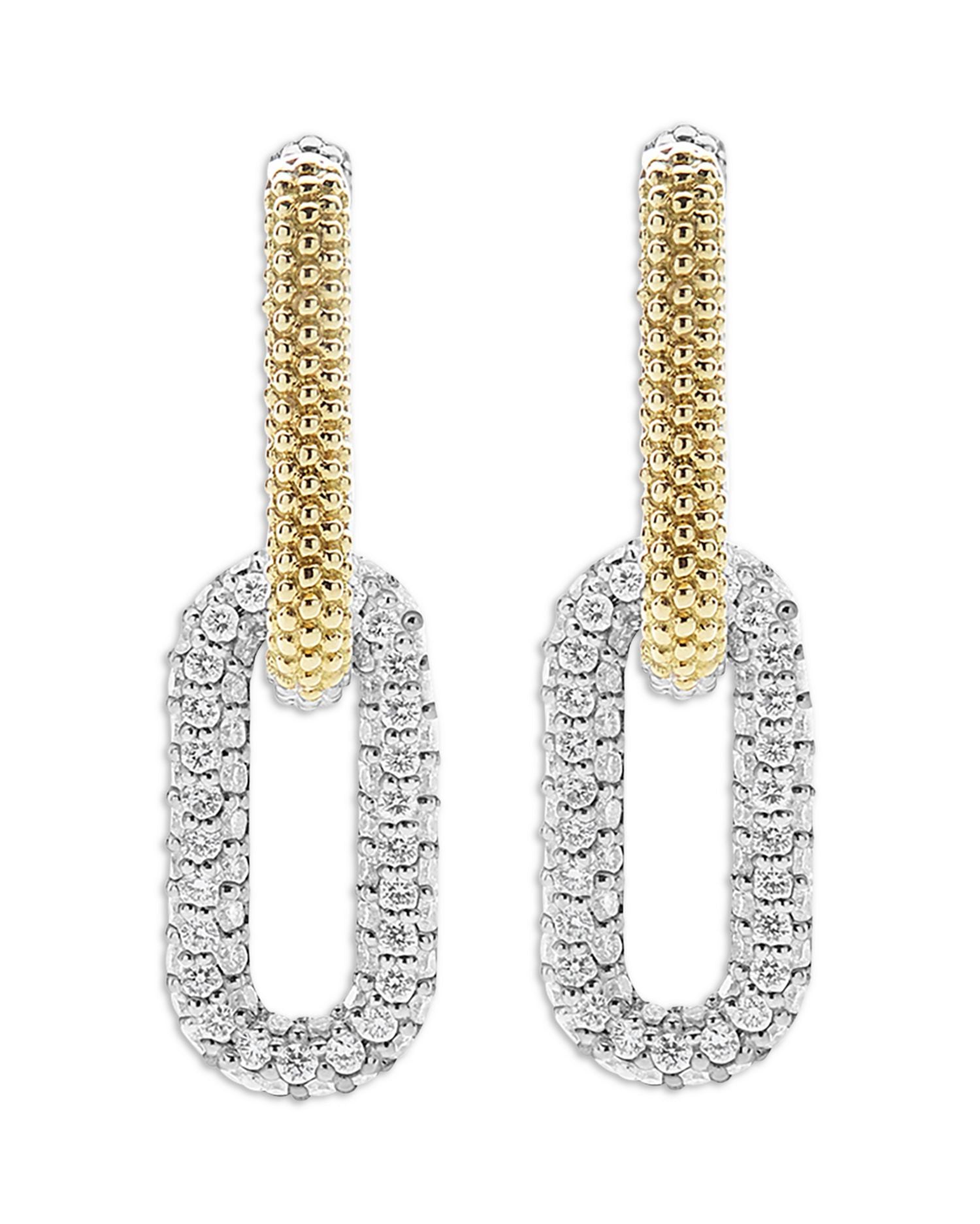 18K Yellow Gold & Silver Caviar Lux-Clip Diamond Link Drop Earrings - Exclusive